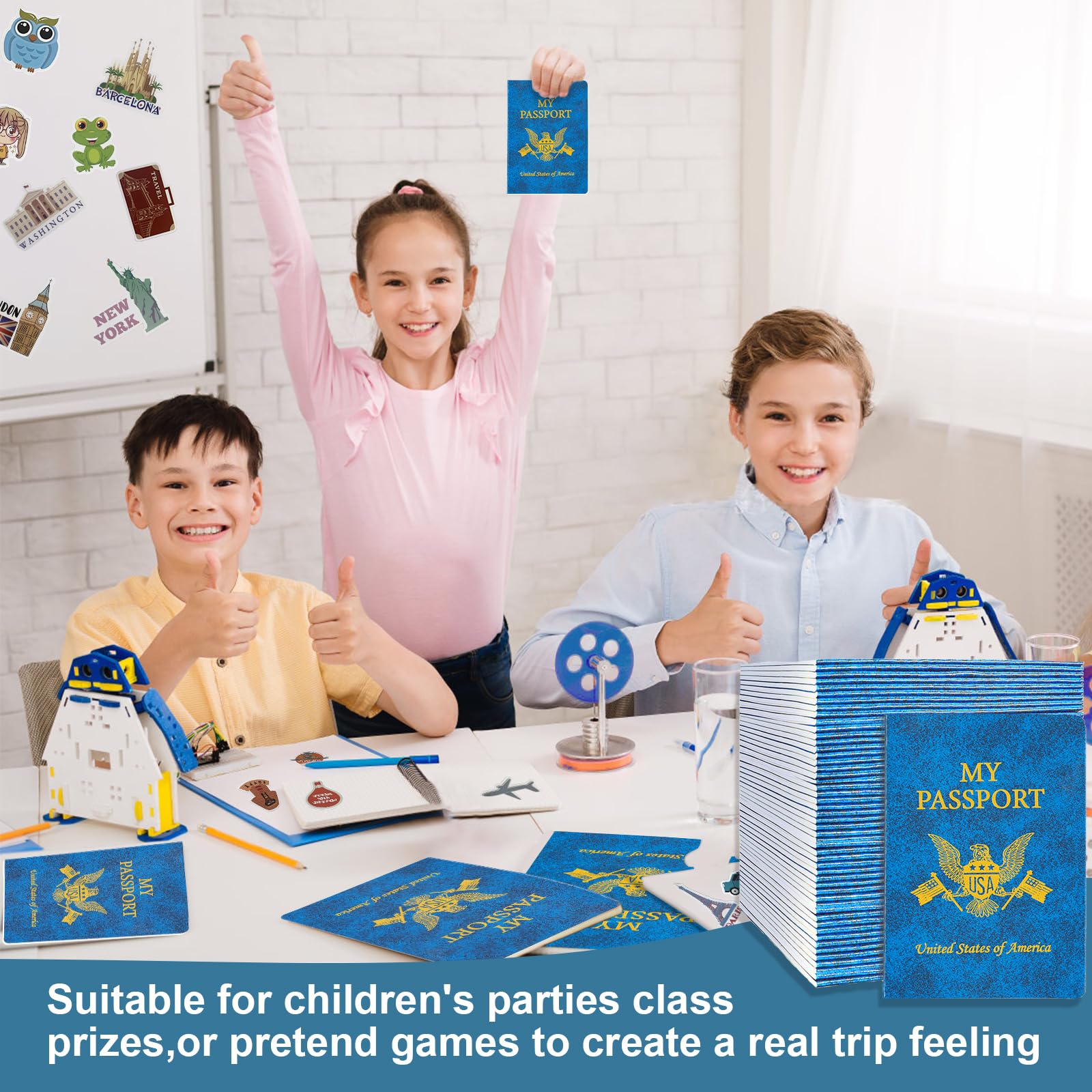 30 cuadernos de pasaportes en blanco para diario de viaje, sellos de pasaporte para niños, pasaporte falso para fiesta temática escolar, viajes mundiales, actividades de simulación, recuerdos de