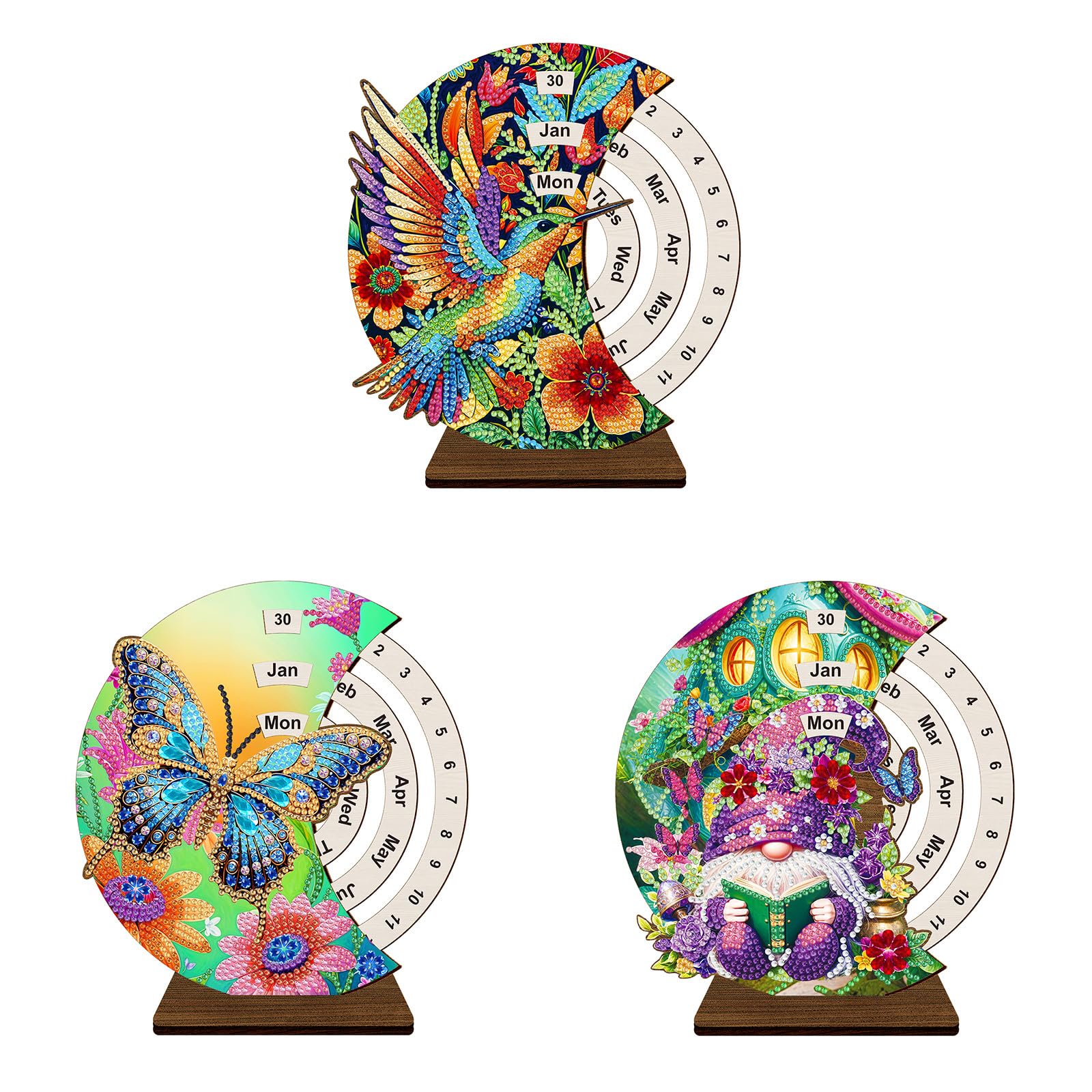 Lebartm 3Pcs DIY Diamond Perpetual Calendar Diamond Art Painting Wooden Manual Rotating Calendar Ornament Desk Round Perpetual Calendar Single Sided Diamond Tabletop Ornaments for Home Decor