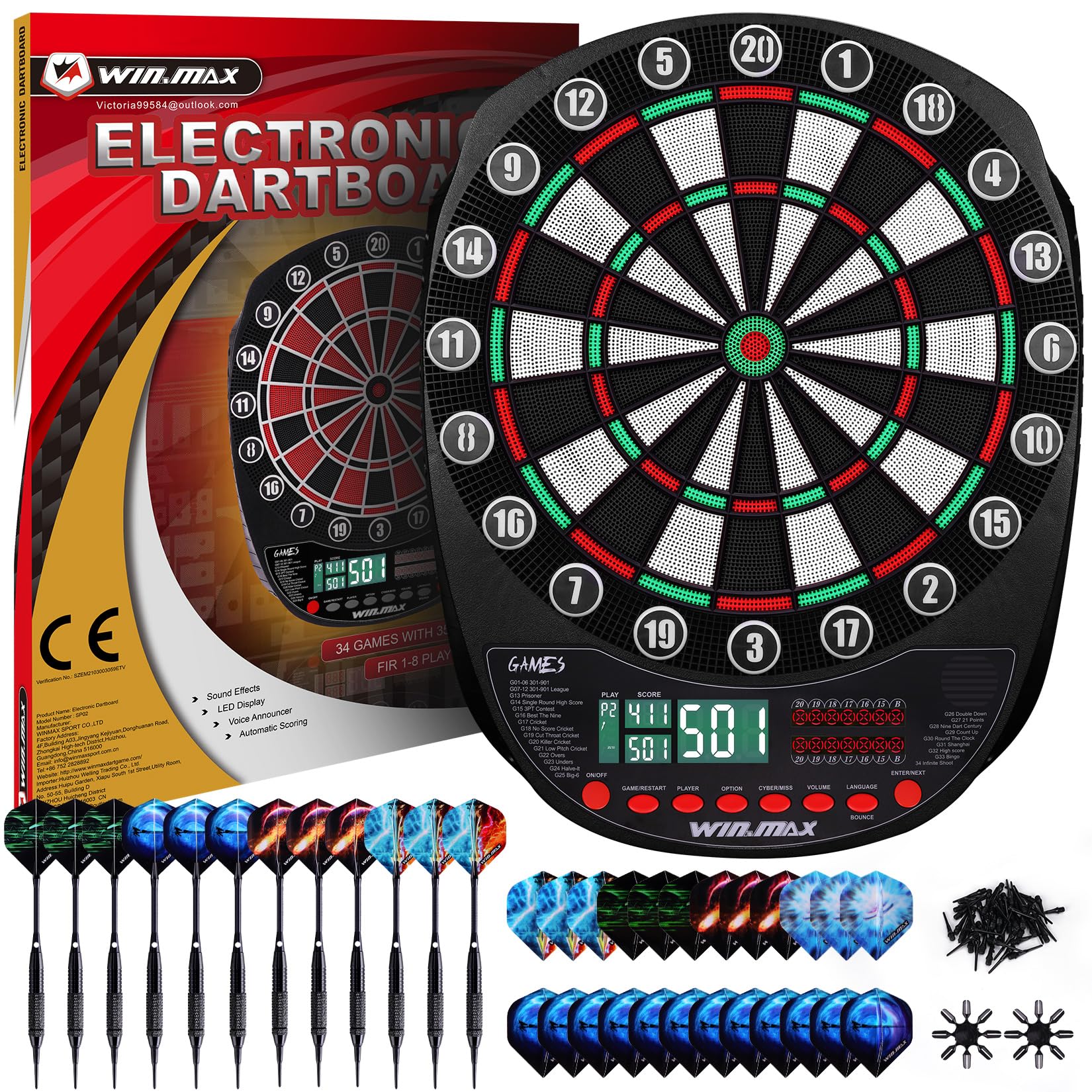 WIN.MAX Bersaglio elettronico per freccette con punta morbida, display a LED, 3 lingue con 12 freccette 100 punte adattatore di alimentazione