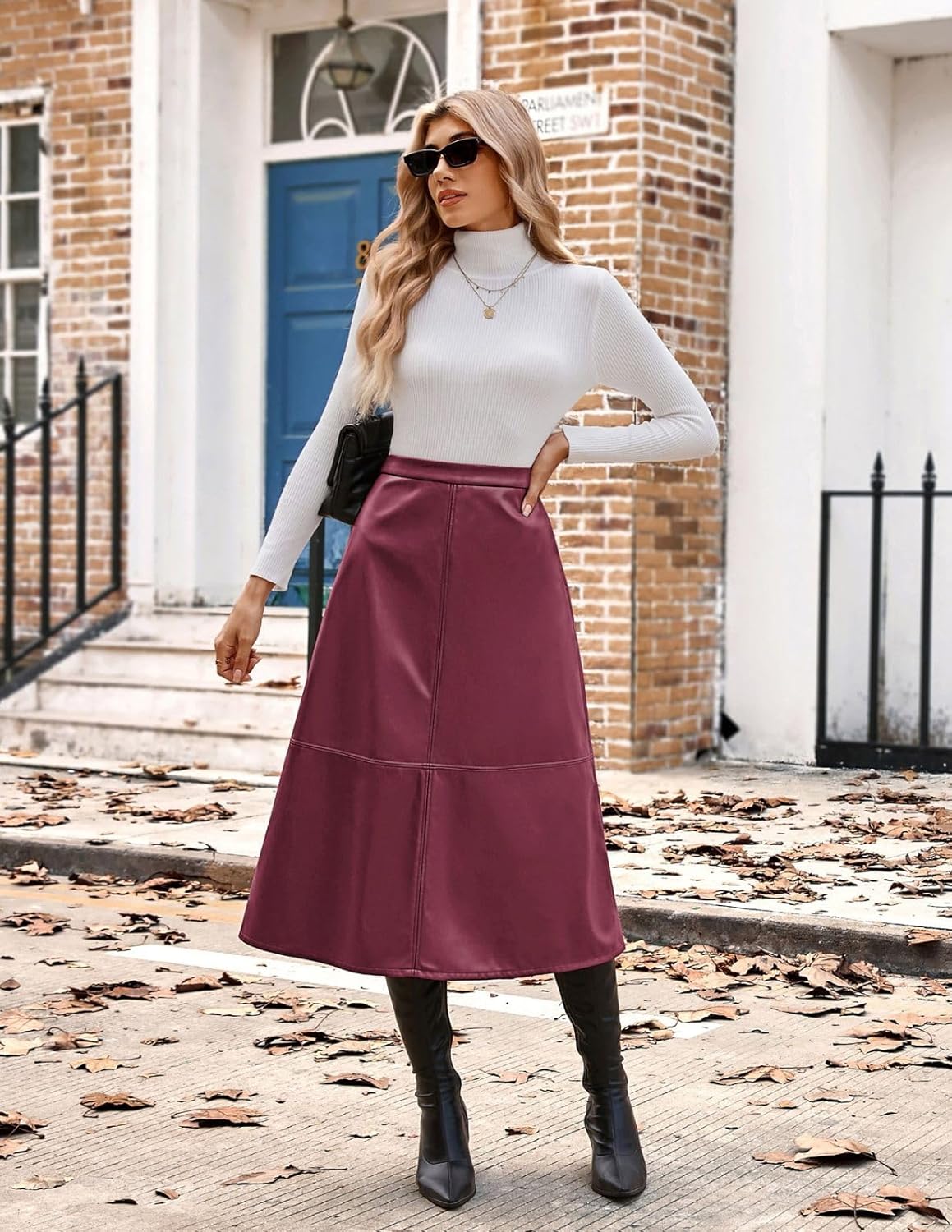 Kate Kasin 2025 Women's Faux Leather Skirts, High Waist A Line Skirt, Fall Winter Midi Skirt - Image 7