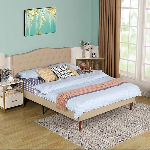 Miniatura 45 de VECELO Base de cama tamaño Queen tapizada con cabecera ajustable copetuda/base de colchón con soporte de listones de madera, fácil montaje, azul