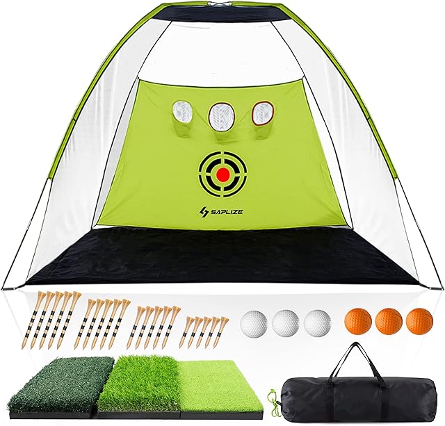 SAPLIZE Golf Net with Foldable Hitting Mat, Golf Balls and Bamboo Golf Tees, 10x7ft High Impact Golf Practice Net, Portable Golf Training Net, Driving Net for Outdoor/Indoor/Backyard