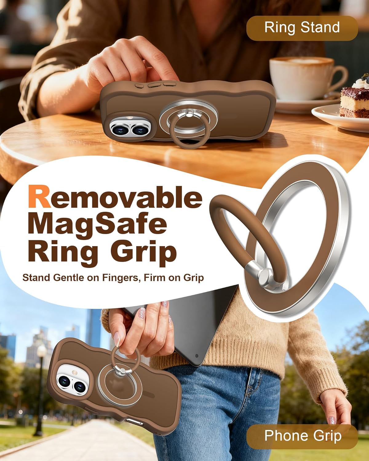 XYZ for iPhone 16 Case, [Compatible with Magsafe],[Magnetic Soft Slicone Ring Holder],Curly Wavy Frame Hard Translucent Matte Back Cover Shockproof Phone Case for iPhone 16 6.1'', Brown - Image 4