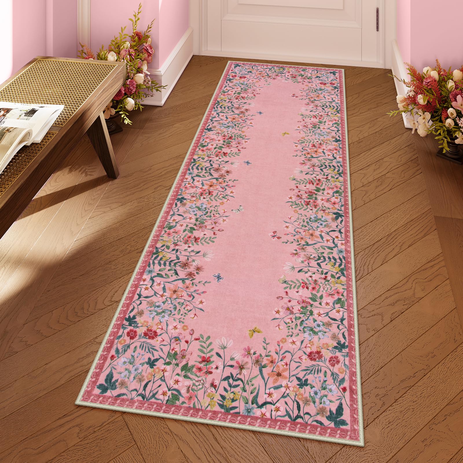 Boho Floral Runner Rug – Non-Skid Washable Carpet For Bathroom, Kitchen, Bedroom & Hallway