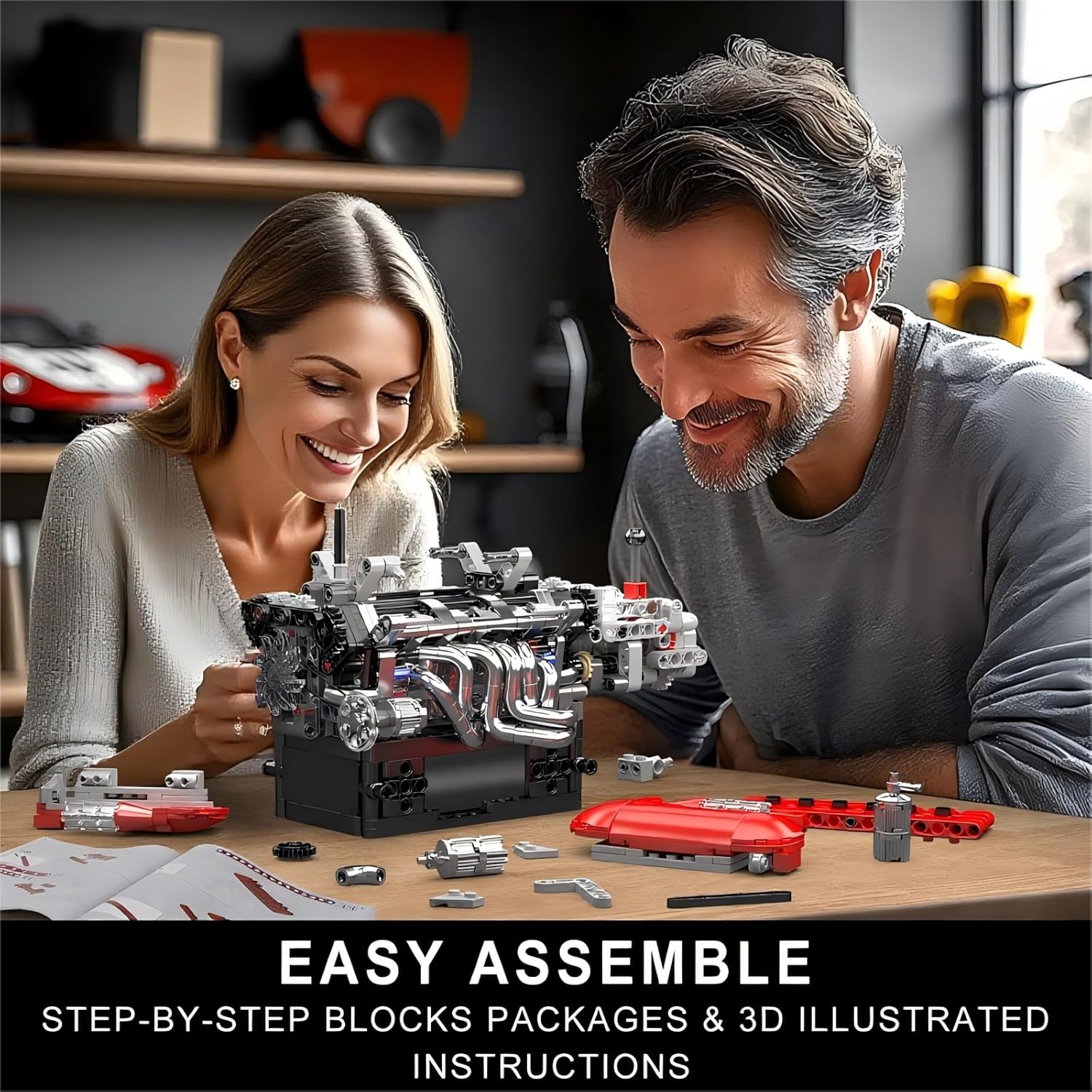 Mould King 10226 V12 Engine Model Kit That Run, 12-Cylinder Supercar Engine Building Blocks Sets with Motor, Building Your Own Supercar Engine Toy, STEM Engineering Toy for Adults(863 Pcs)