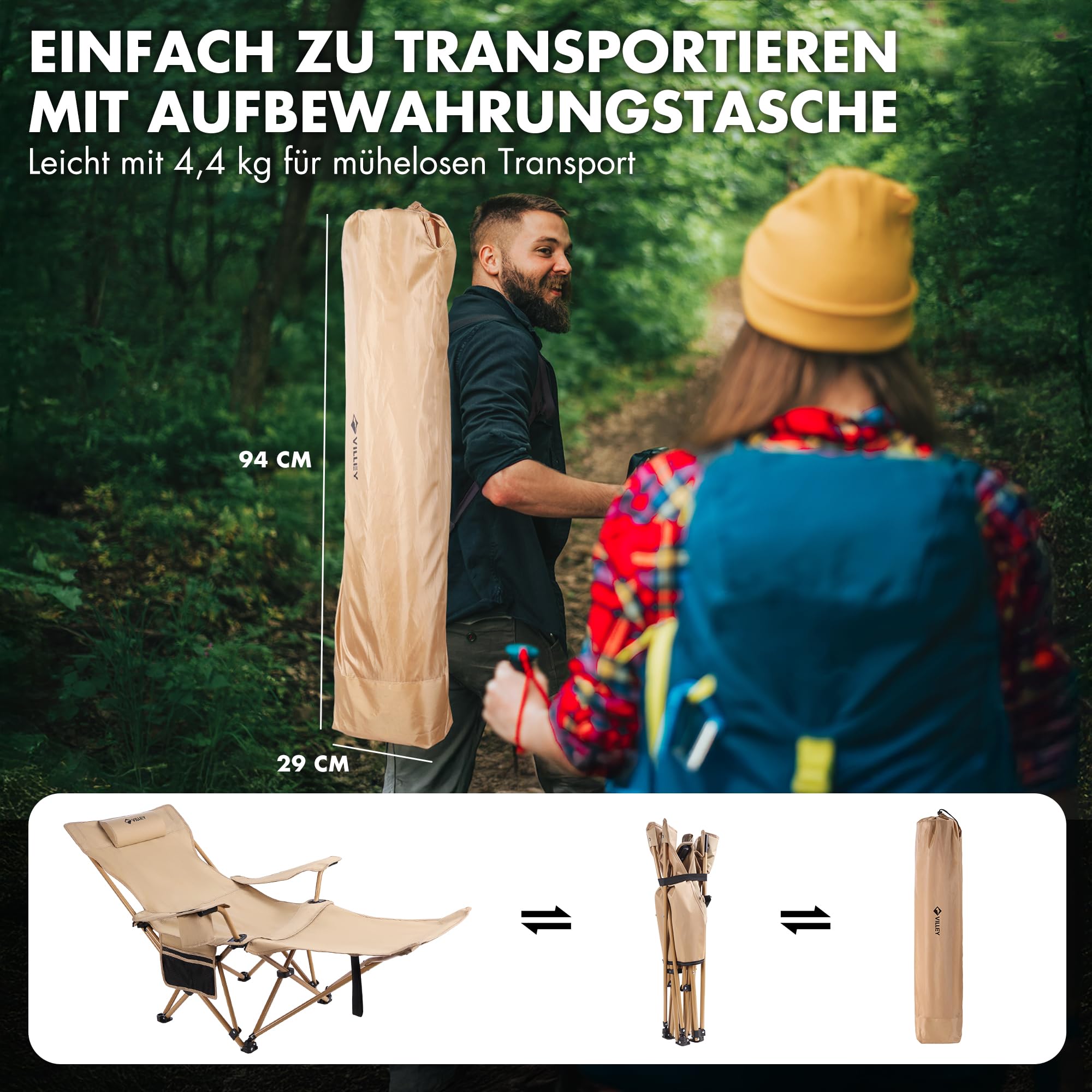 VILLEY Campingstuhl Faltbar mit Fußstütze, Liegestuhl Faltbar mit Kopfstütze & Aufbewahrungstasche, Relaxsessel Belastbar bis 150 kg, Klappbarer Campingstuhl für Camping, Strand, Garten, Angeln