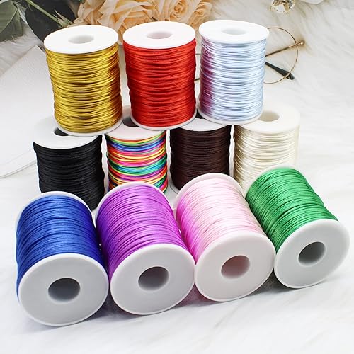 Miniatura 5 de Cordón de nailon azul claro de satén de 0.079 in x 109 yardas, cordón de seda satinada para pulseras, collares, fabricación de joyas, nudos chinos,