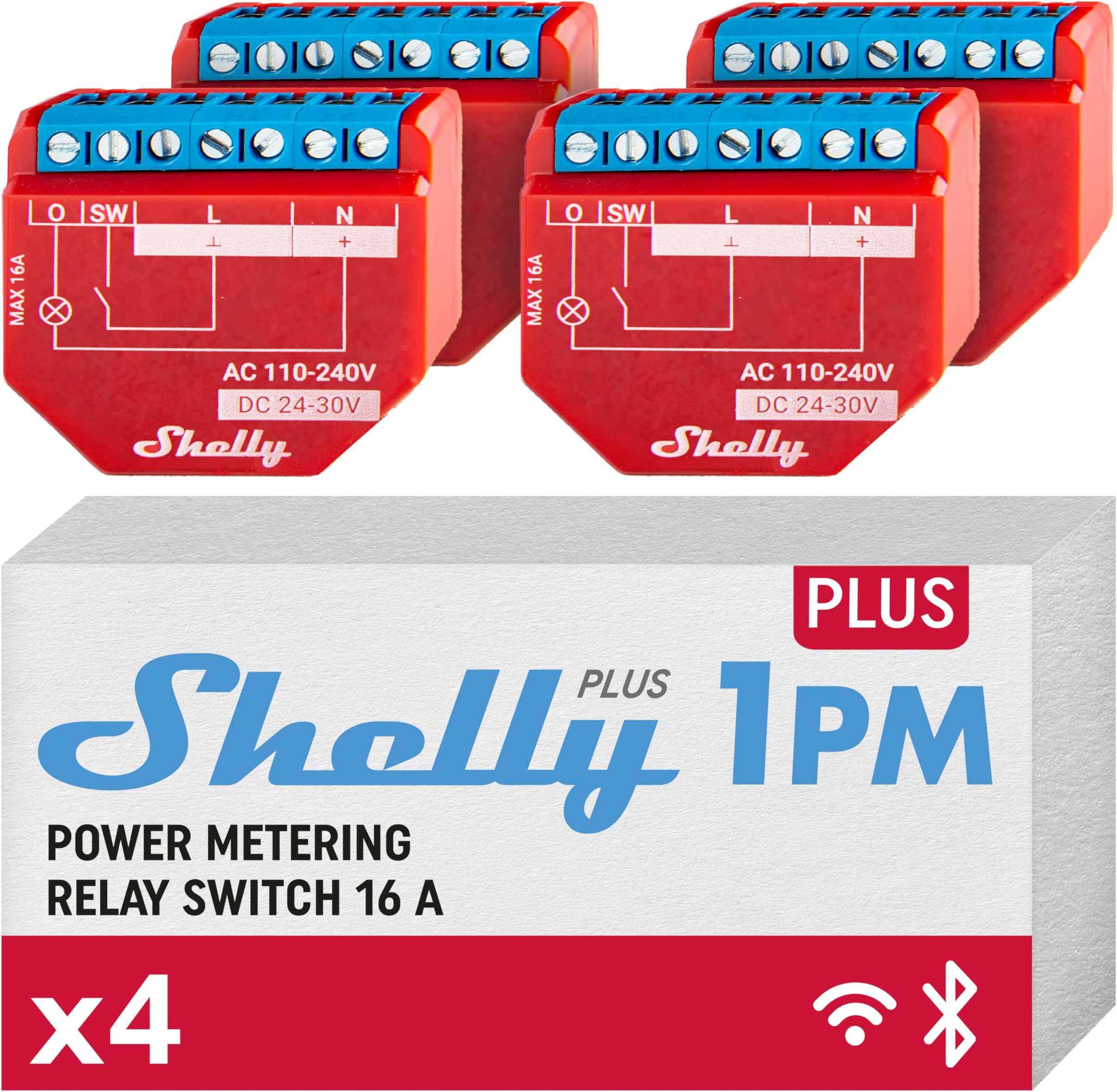 Shelly Plus 1PM WiFi & Bluetooth Relay Switch with Current Measurement Smart Home Light Control Works with Alexa & Google Home iOS & Android App No Hub Required (Pack of 4)