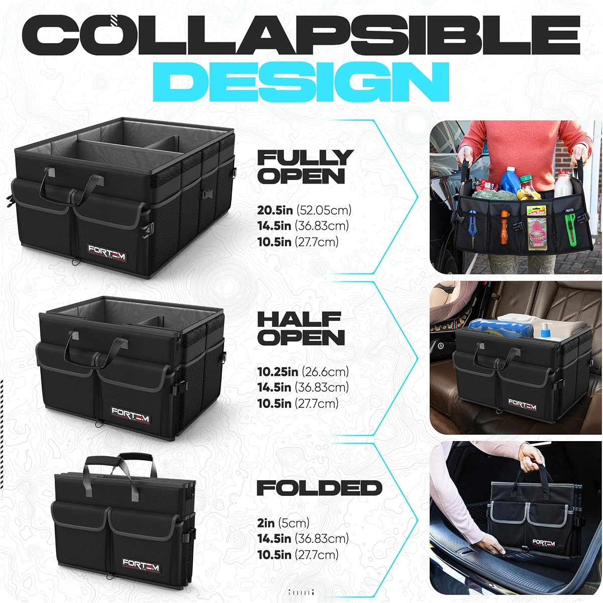 FORTEM Car Boot Organiser, Collapsible Multi Compartment SUV Organizer, Foldable Storage for Car Accessories for Women Men, 600D Oxford, Non Slip Bottom, Securing Straps, Soft Cover (50L) — view 5