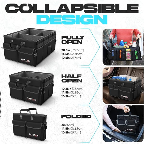 FORTEM Car Boot Organiser, Collapsible Multi Compartment SUV Organizer, Foldable Storage for Car Accessories for Women Men, 600D Oxford, Non Slip Bottom, Securing Straps, Soft Cover (50L) - 5