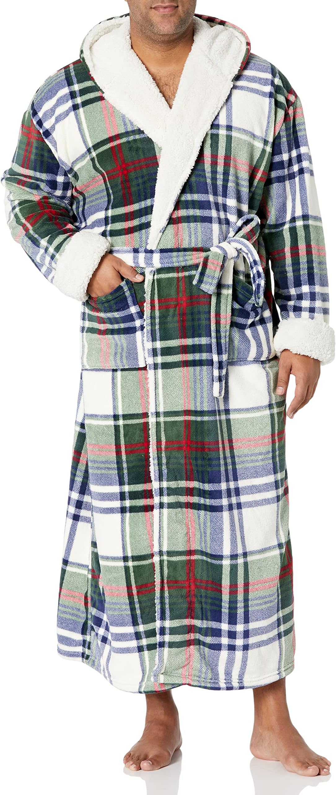 Alexander Del Rossa Men’s Robe, Big and Tall Plush Fleece Hooded Bathrobe with Two Large Front Pockets and Tie Closure, Christmas Plaid Green with Blue, Large-XL