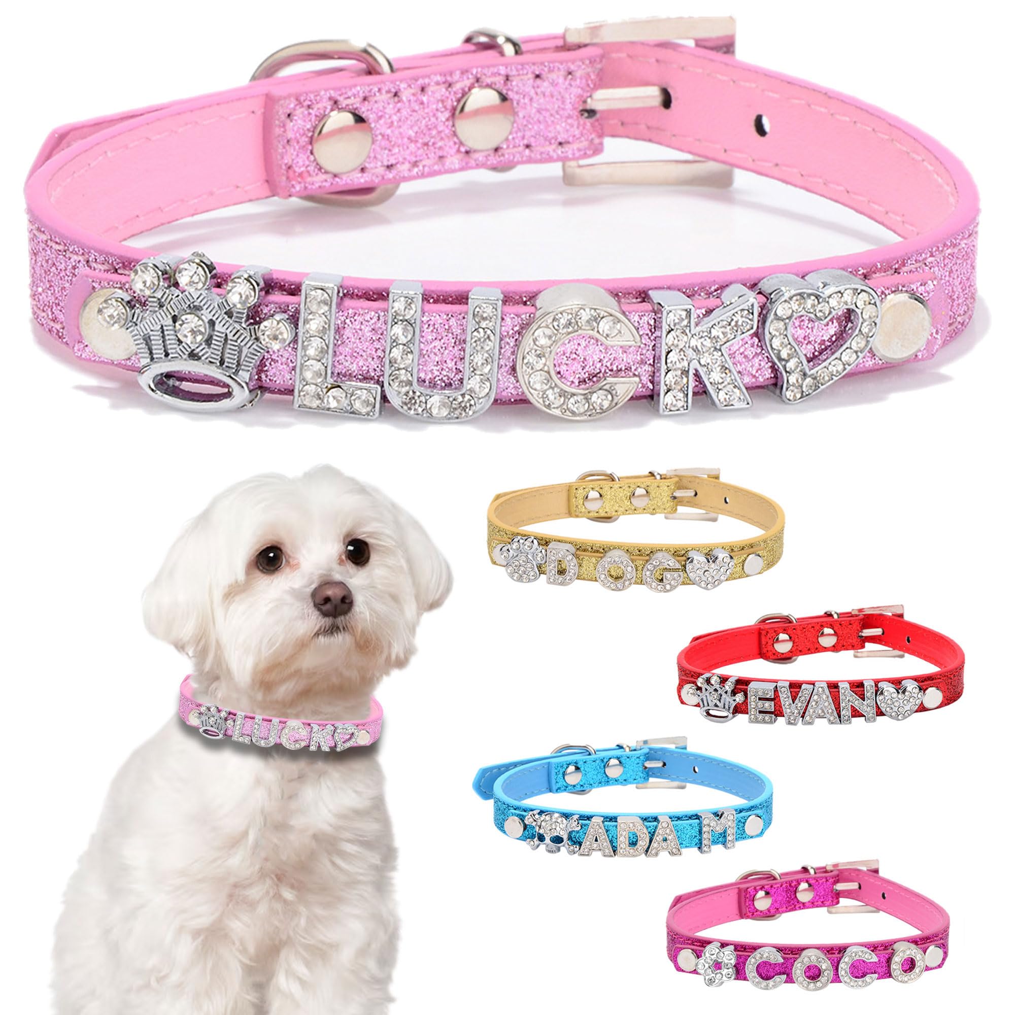 Personalised Dog Collars with Name Custom Bling Rhinestone Dog Puppy Cat Pet Name Collar Leather Dog Collar for Small Medium Large Dogs(Pink, S)