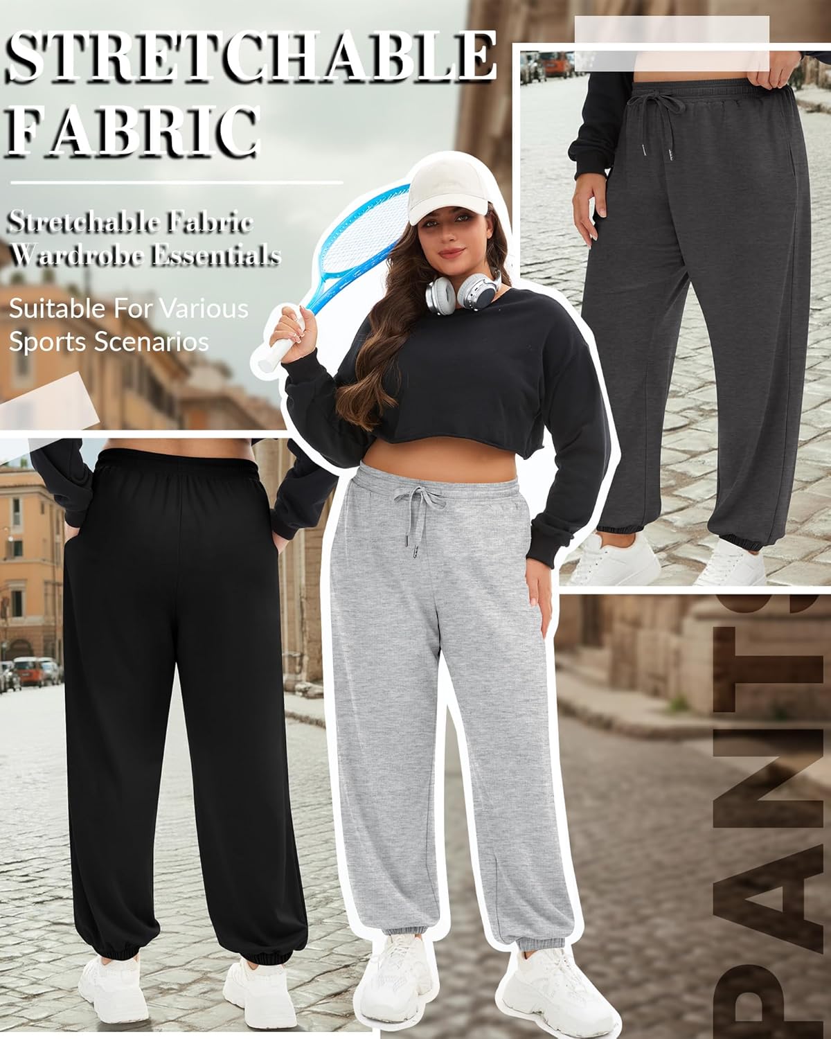 4 Pack Women's Plus Size Sweatpants, Drawstring Loose Fit Joggers Pants Comfy Casual Athletic Pants with Pockets - Image 5