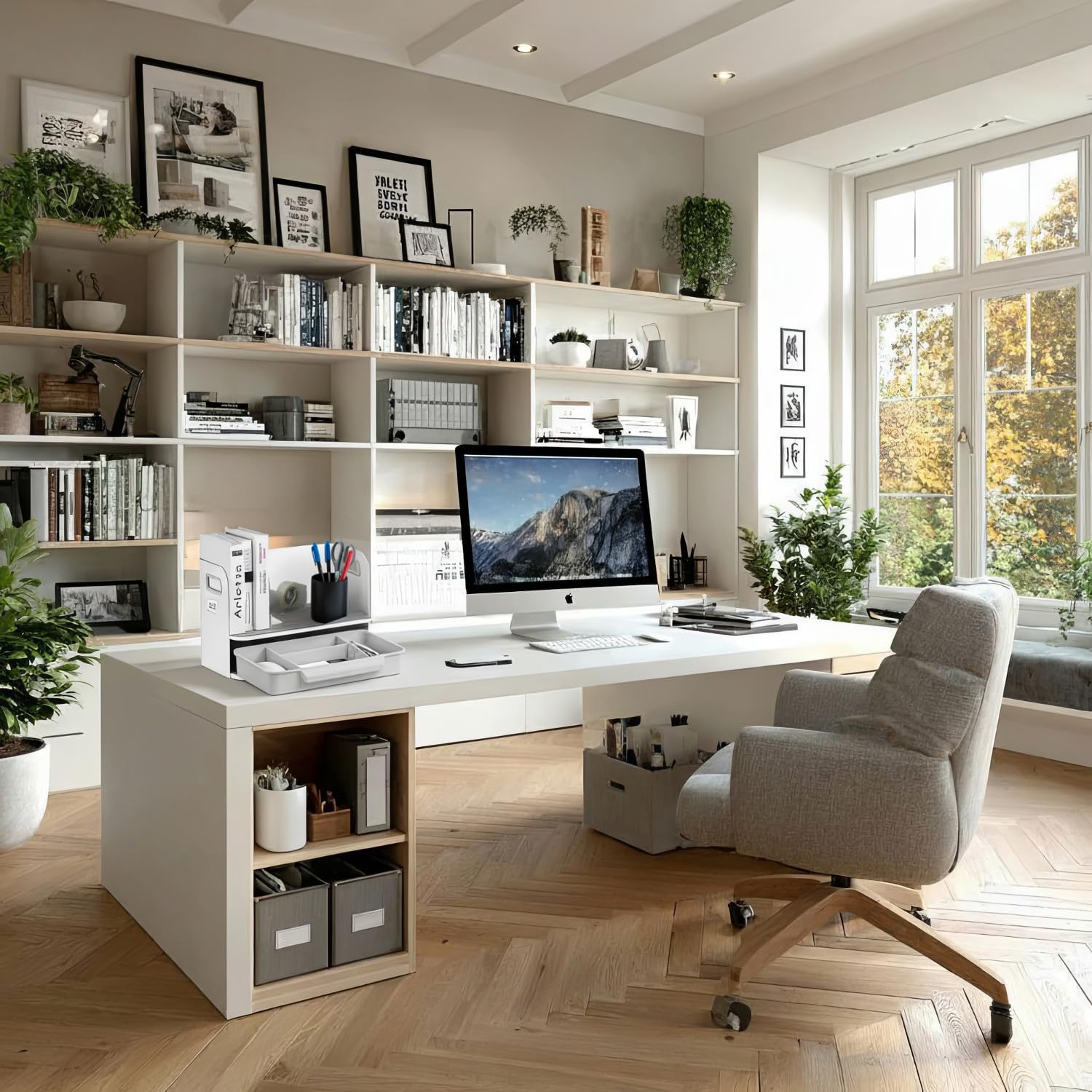 ER-440 Schreibtisch-Organizer mit Schublade und Buchstütze Organizer für Büroutensilien Büro-Organizer Büroablage bis 10kg Weiß
