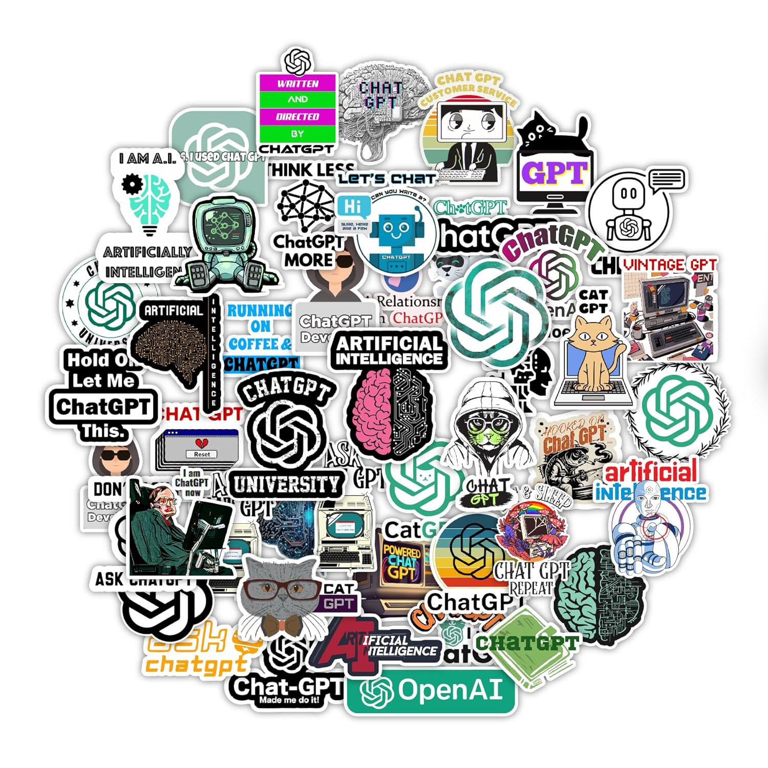 ChatGPT AI Stickers for Programmers & Developers | Tech-Themed Vinyl Decals for Laptop, Water Bottle, & Tablet Pack of 50