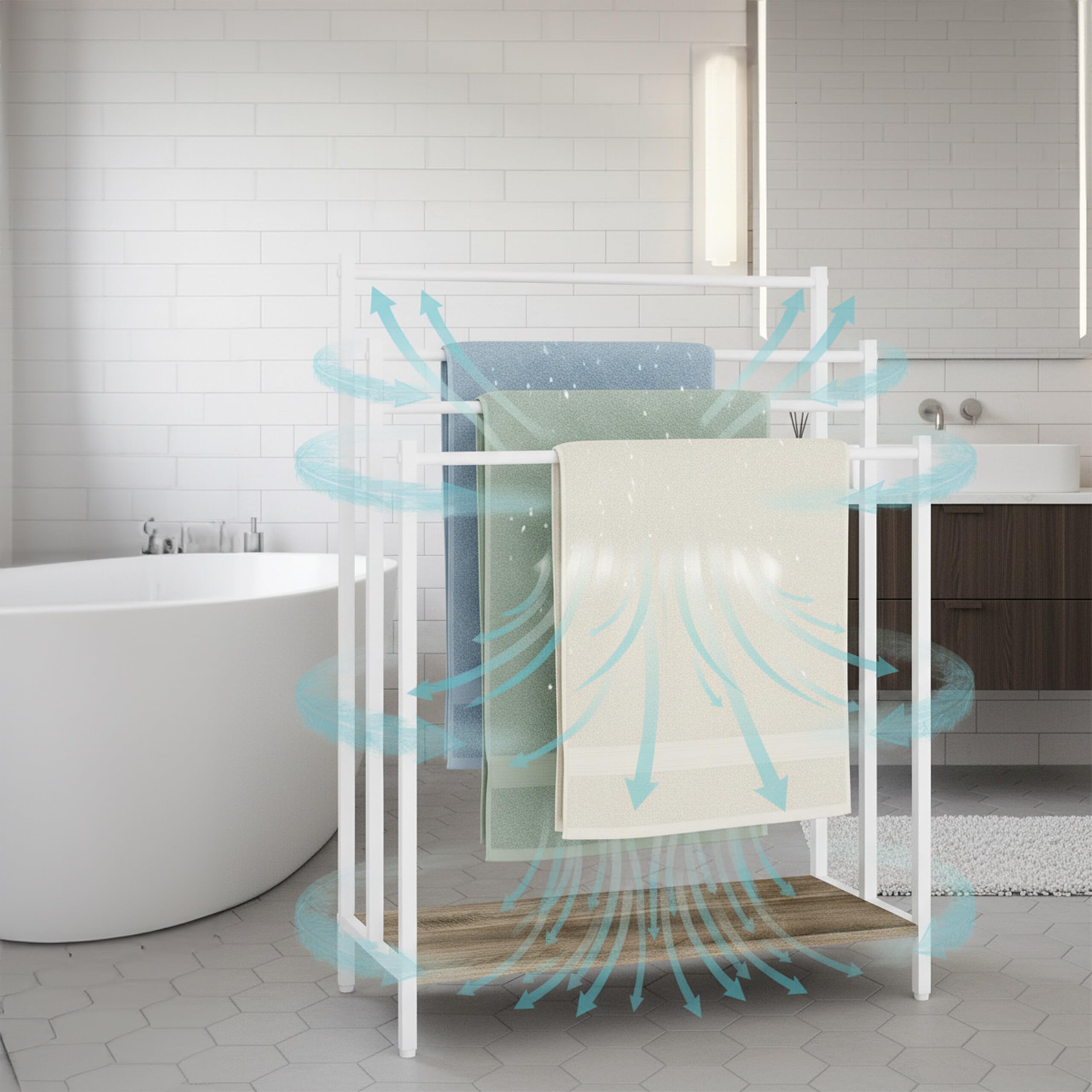 Relaxdays Porta Asciugamani con ripiano, Effetto Legno, 3 Barre, HxLxP: 81x60x28 cm, Naturale/Bianco