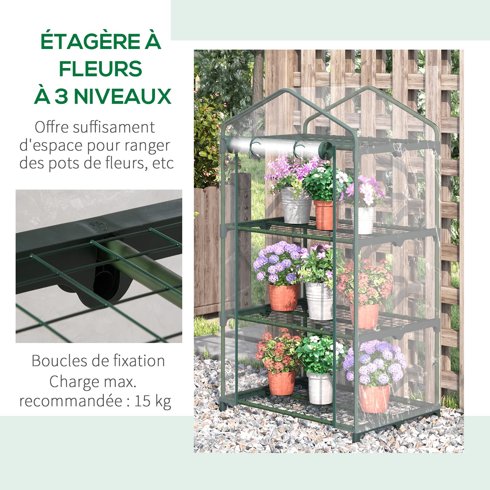Outsunny Mini serre de jardin avec étagère à fleurs 3 niveaux 3 tablettes porte zippée