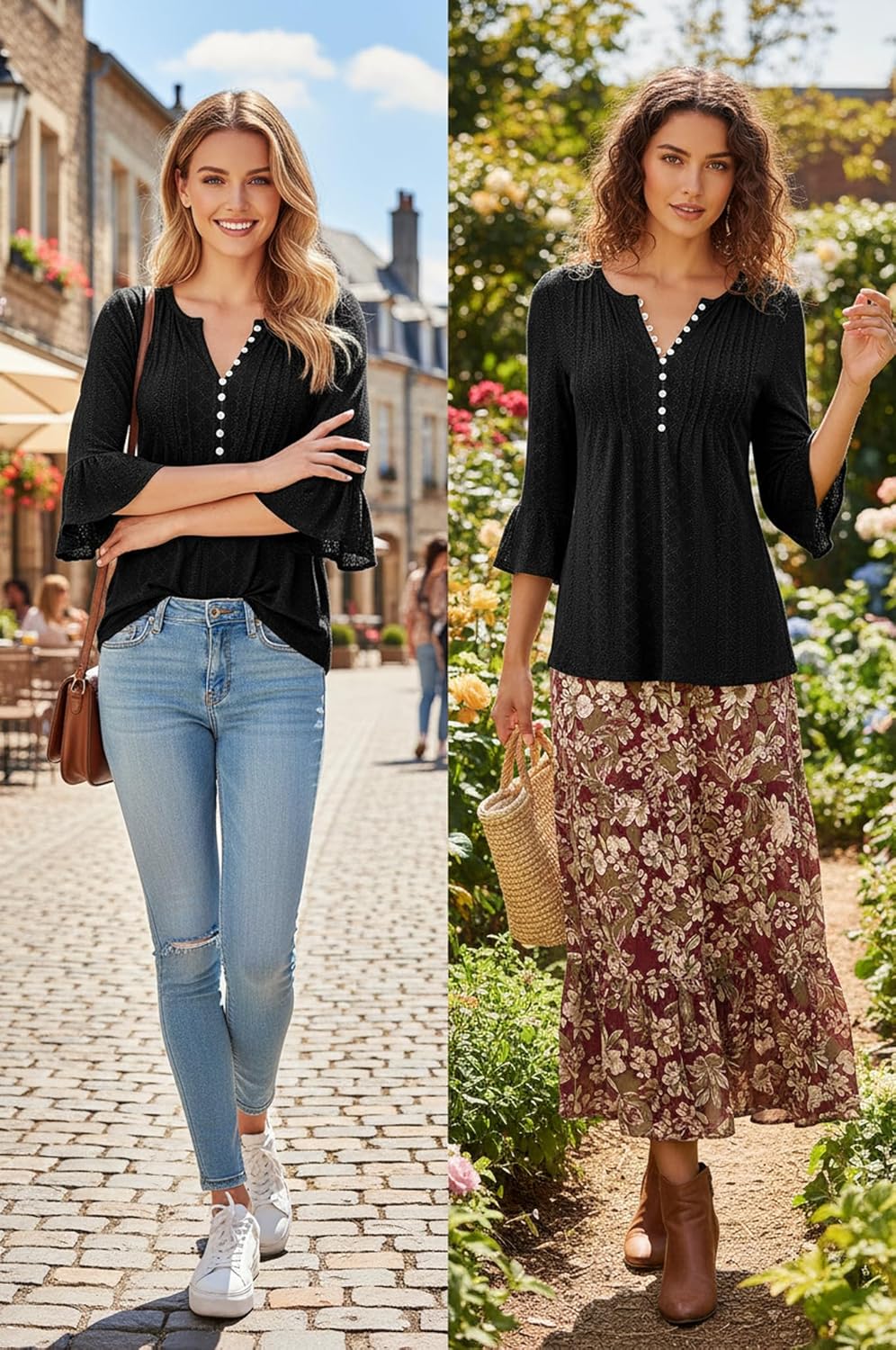 Womens Tops Dressy Casual Pleated Button Neck Summer Blouses 3/4 Flared Sleeve Fall Shirts - Image 2