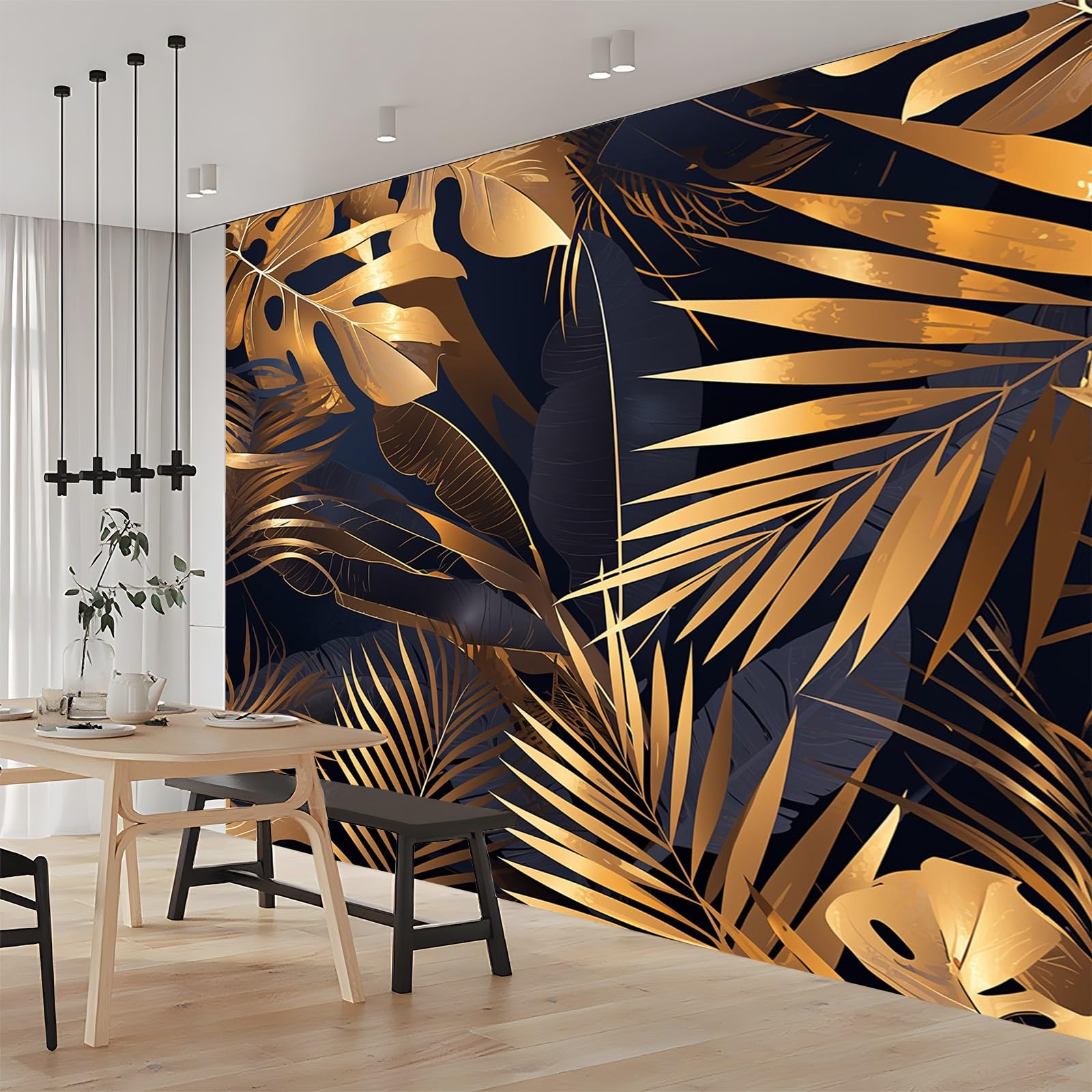 carta da parati Foglie di palma in oro nero cameretta rivestimento parete adesivi per mobili bambini wallpaper for living room bedroom tappezzeria rotoli di adesiva muro fotomurale camera letto
