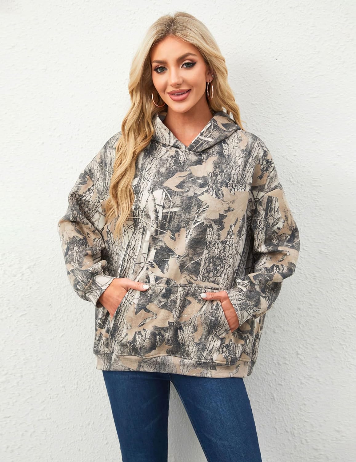 Womens Camo Hoodies Maple Leaf Print Oversized Hooded Pullover Shirt Fleece Long Sleeve Camo Sweatshirt With Pocket - Image 2