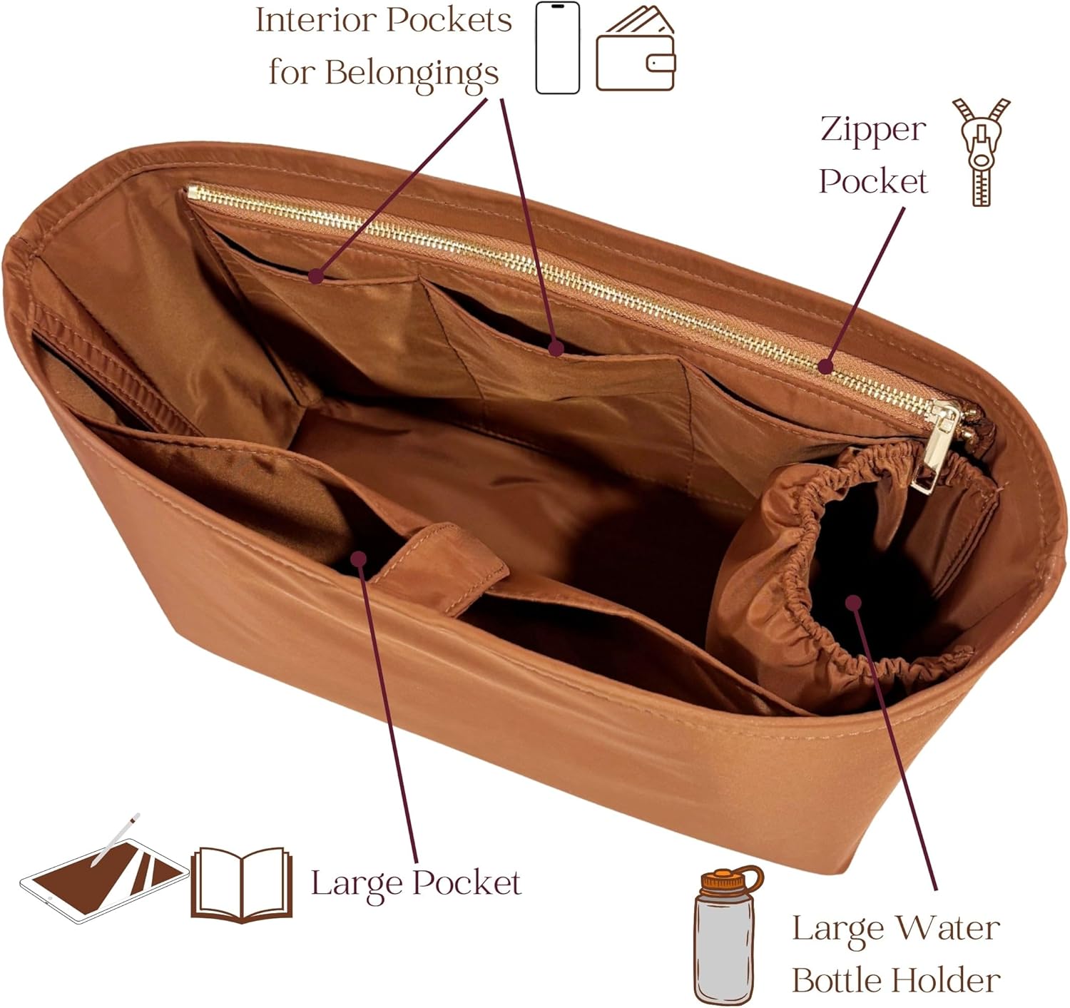Organizer for Tote Boat, Small/Medium/Large/Extra-Large, Nylon Bag Insert, Water Resistant Material (Large, GoldBrown)