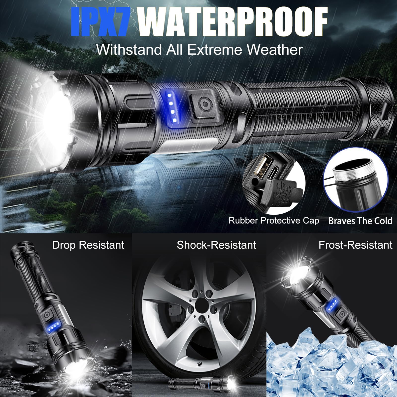 Linterna LED superbrillante, recargable, de alto lúmenes, con 5 modos de zoom, impermeable, para camping, niños, adultos, exteriores, senderismo, emergencia (L377-1 paquete)