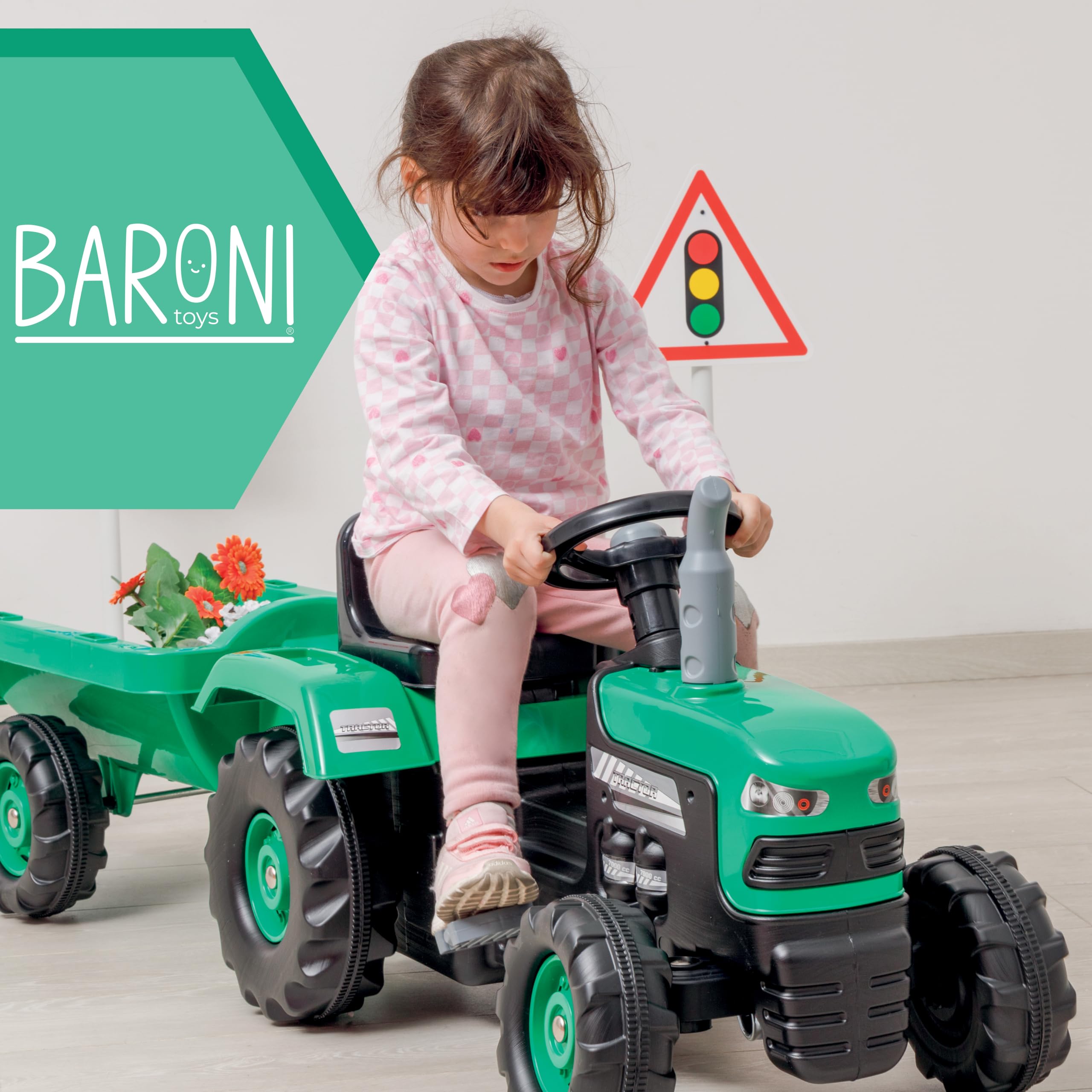 Baroni Toys Trattore a Pedali Verde con Rimorchio Removibile, Volante direzionale e Clacson, Sicuro e Divertente, Bambini dai 2 ai 6 anni, Verde