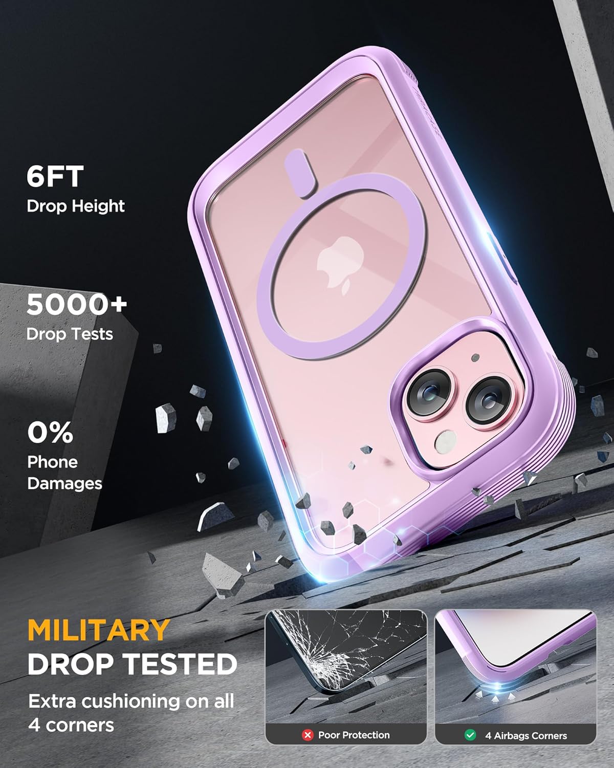 Miracase Magnetic for iPhone 15 Plus Case 6.7'' [Compatible with Magsafe] Full-Body Military Drop Proof 15 Plus Phone Case Cover with Built-in 9H Tempered Glass Screen Protector,Light Purple