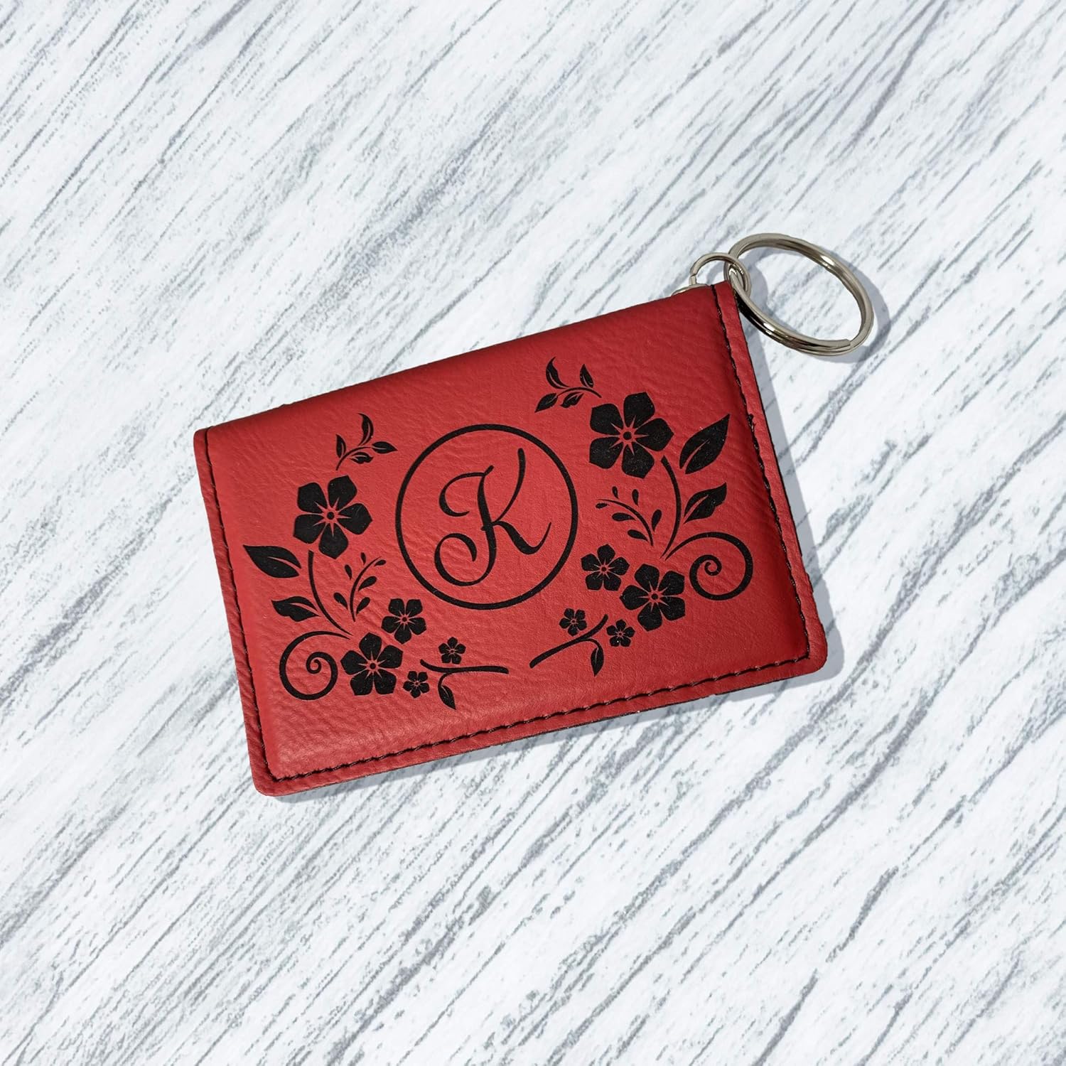 Monogram Keychain Wallet (Choice of Color) Personalized ID Card Holder Custom Engraved Vegan Leather
