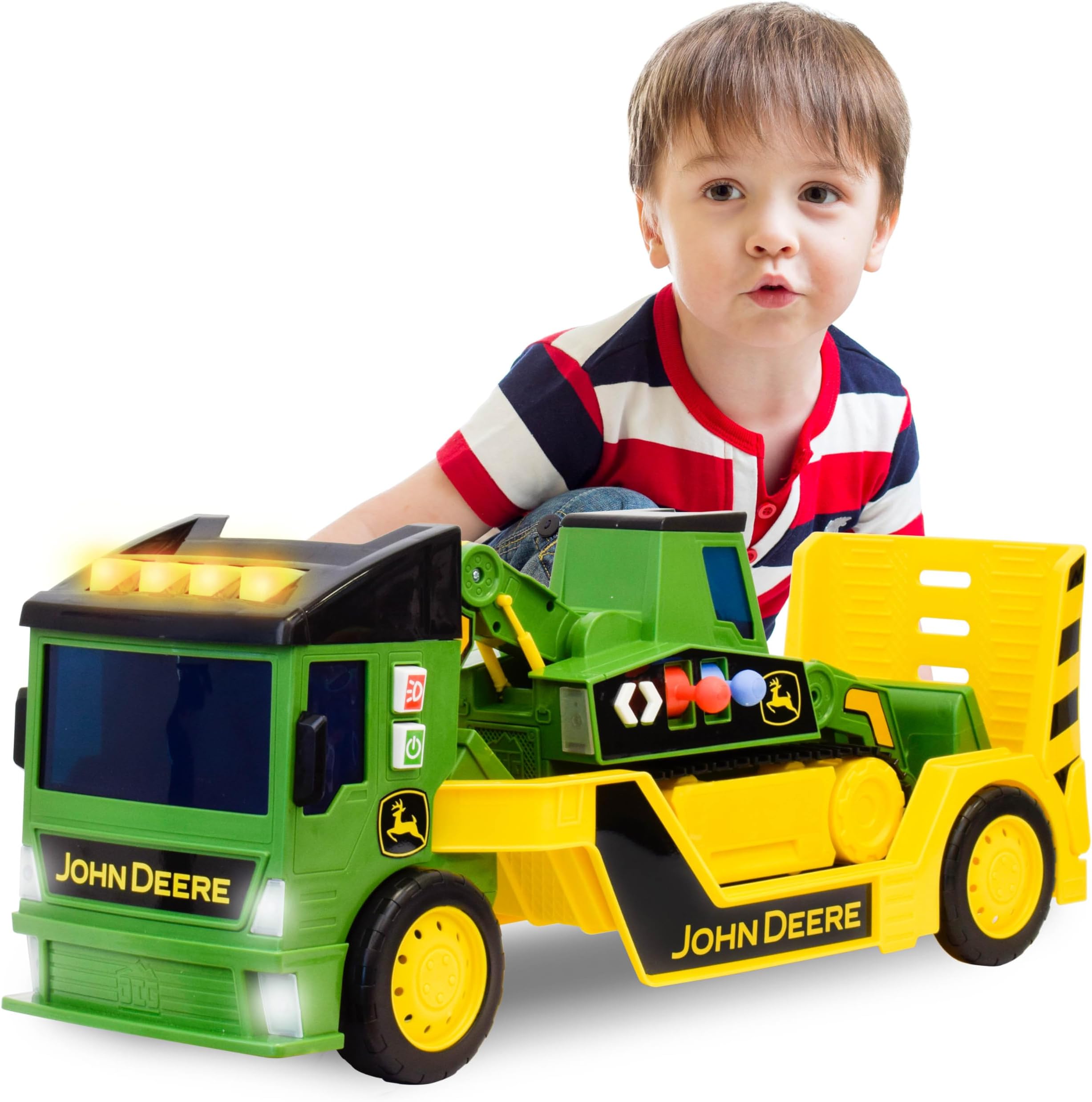 2ft Extra Large Mega Mover Dual Joystick Motorized Trucks: Front Loader & Hoe with Trailer, Lights, Sounds Construction Toys for Kids 3+