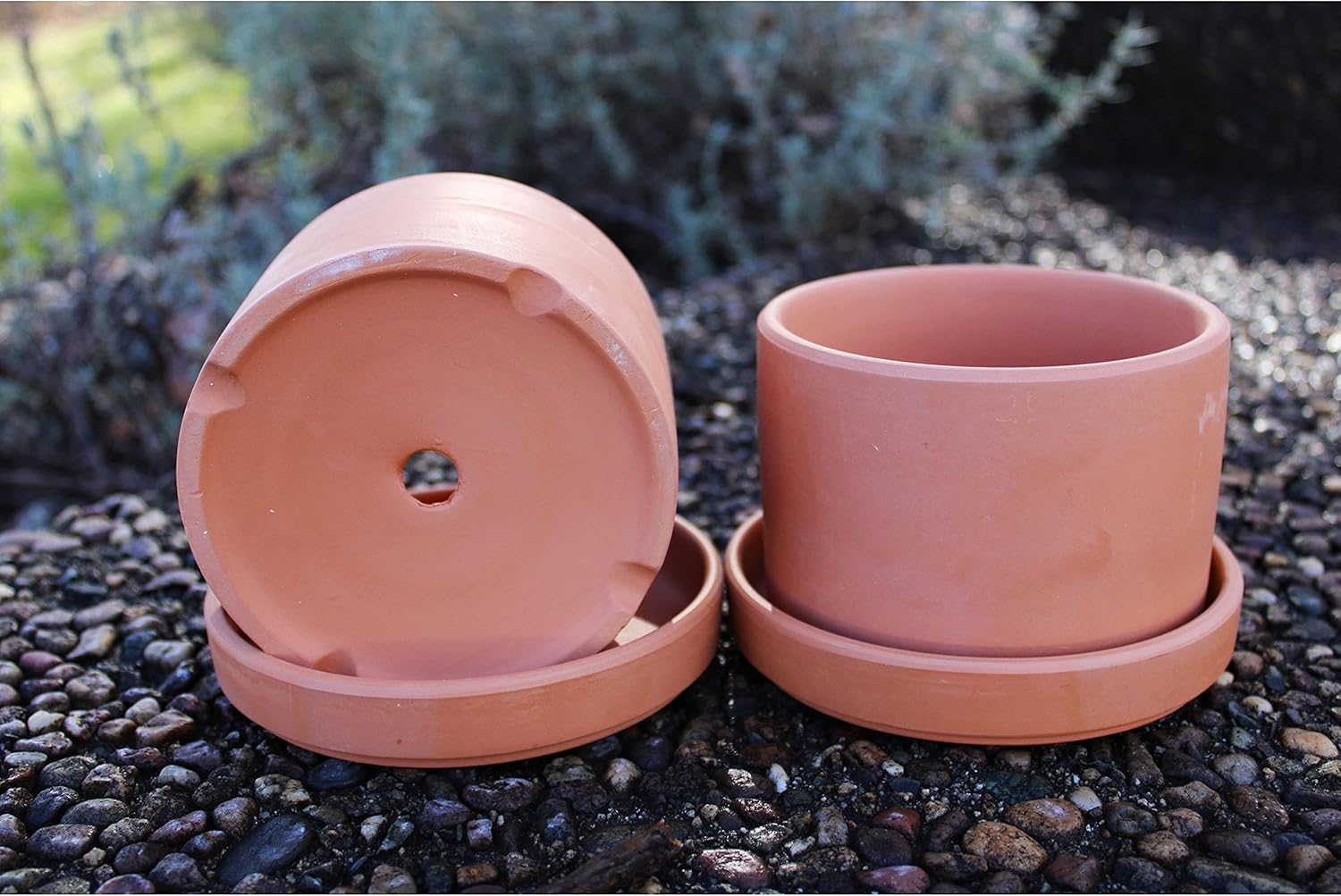 Fat Walled Terracotta Planter with Drainage Hole and Saucer Cylindrical Plants Flower Containers Unglazed Clay Pots - Set of 2