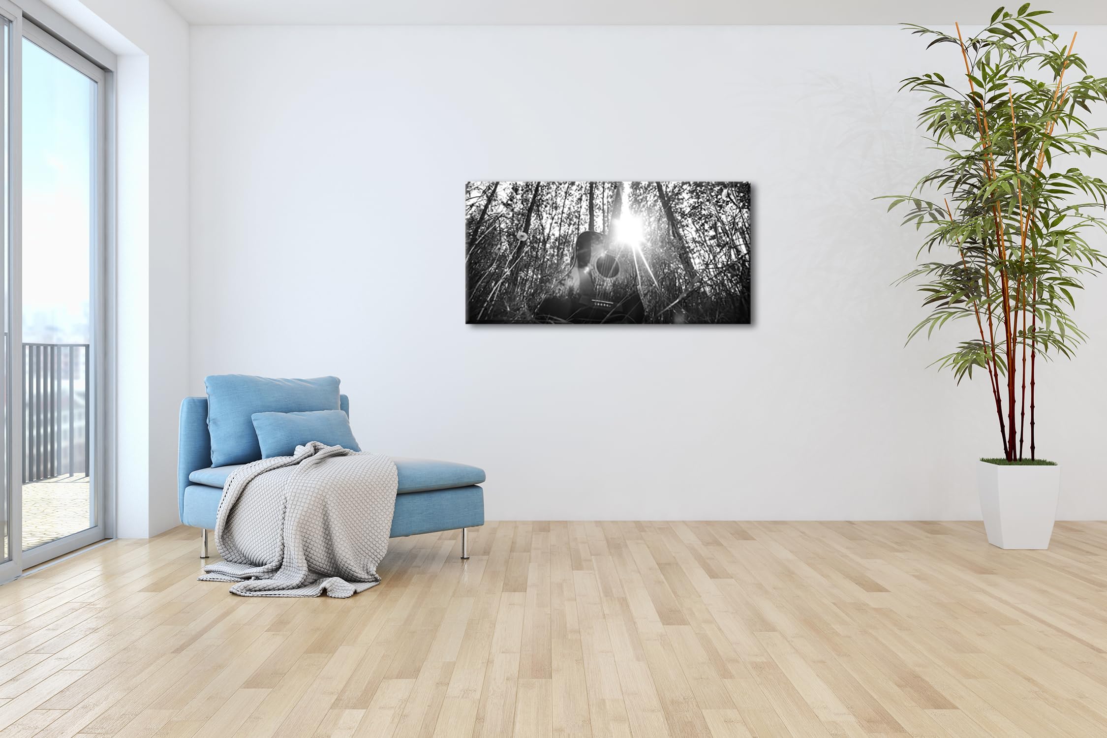 Chitarra acustica nella foresta idilliaca panoramica, 120 x 60 cm, effetto: nero/bianco come tela su tela, motivo già incorniciato su telaio in vero legno, stampa digitale di alta qualità con cornice