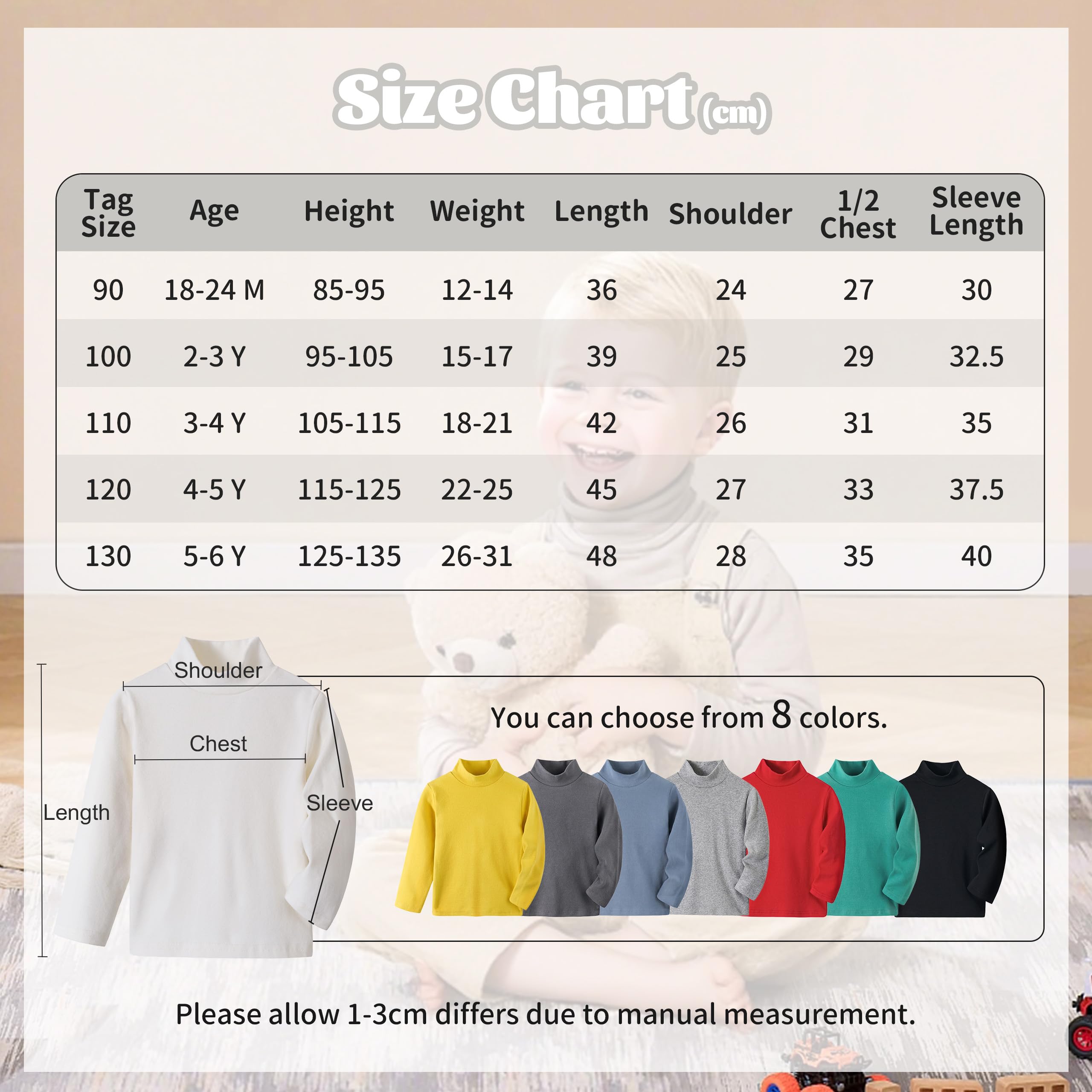 Volunboy 3-pak koszulek z długim rękawem z golfem dla dzieci (1-6 lat), bawełna unisex basic top ocieplający zimowy podkoszulek slim fit