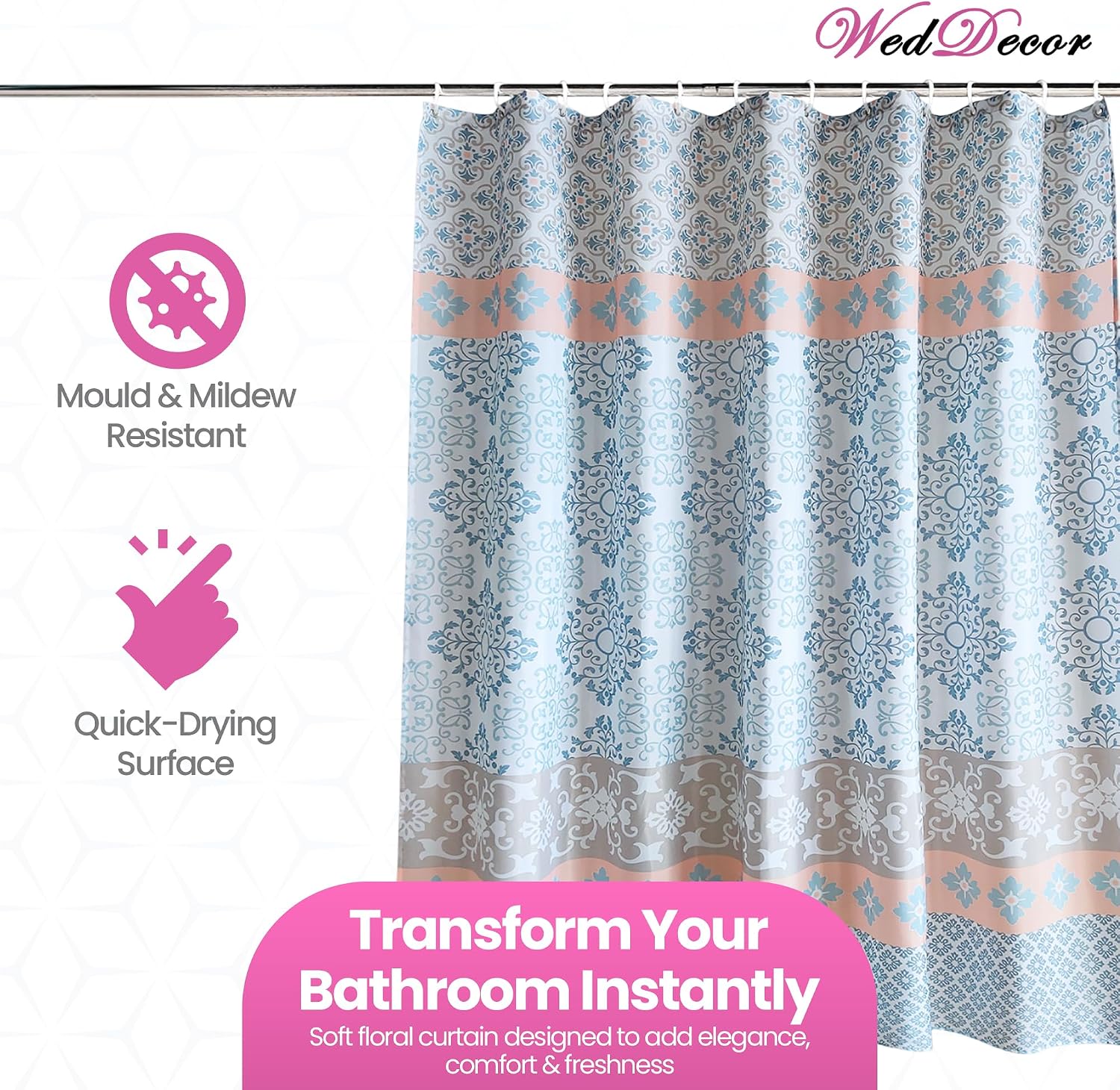 WedDecor Bathroom Shower Curtain Waterproof, Heavy Duty 100% Polyester Fabric Curtains Liner with 12 Curtain Hooks, 180cm x 180cm, White, Blue & Peach