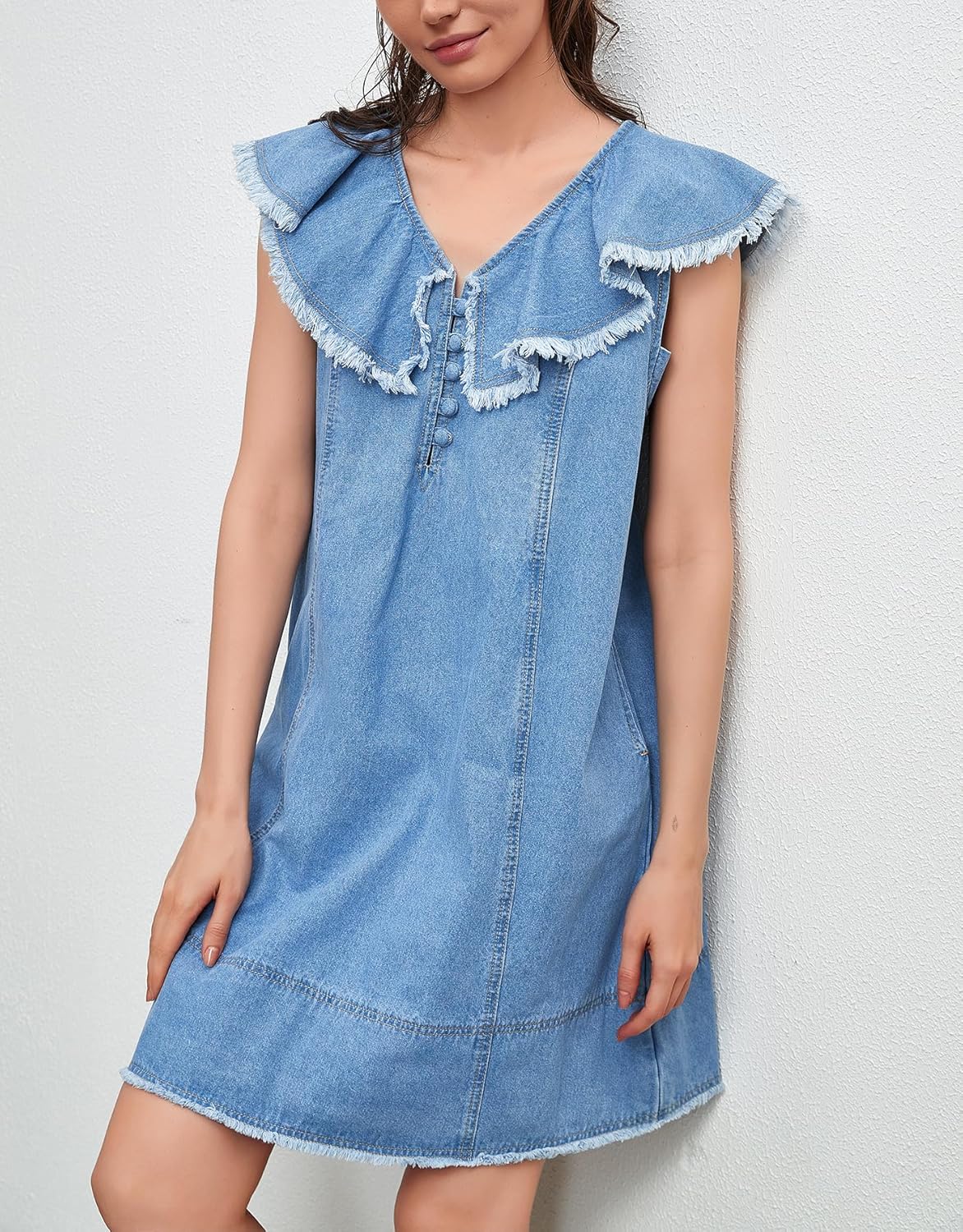 Kedera Denim Summer Dresses for Women Ruffle Short Sleeve V Neck Mini Jean Dress Romper Babydoll Jean Sundress - Image 6