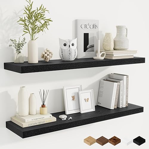 Miniatura 25 de Fun Memories Estantes flotantes para pared, estantes de pared de madera rústica de 24 pulgadas para baño, dormitorio, sala de estar, estantes Negro,