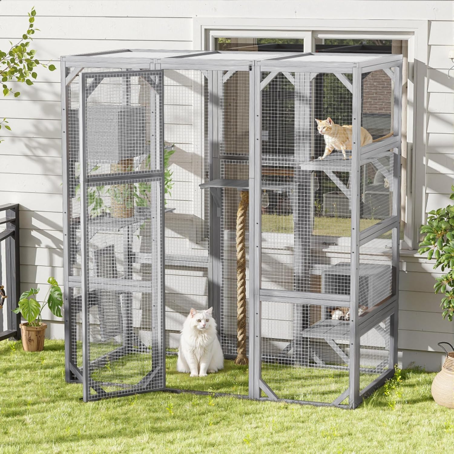 Outdoor Cat Enclosure DIY Catio with Double Entry Doors, Multi-Level Platforms & Dual Condos – Weatherproof Balcony Playpen for Feline Climbing, Rest, and Secure Exploration (Light Grey)