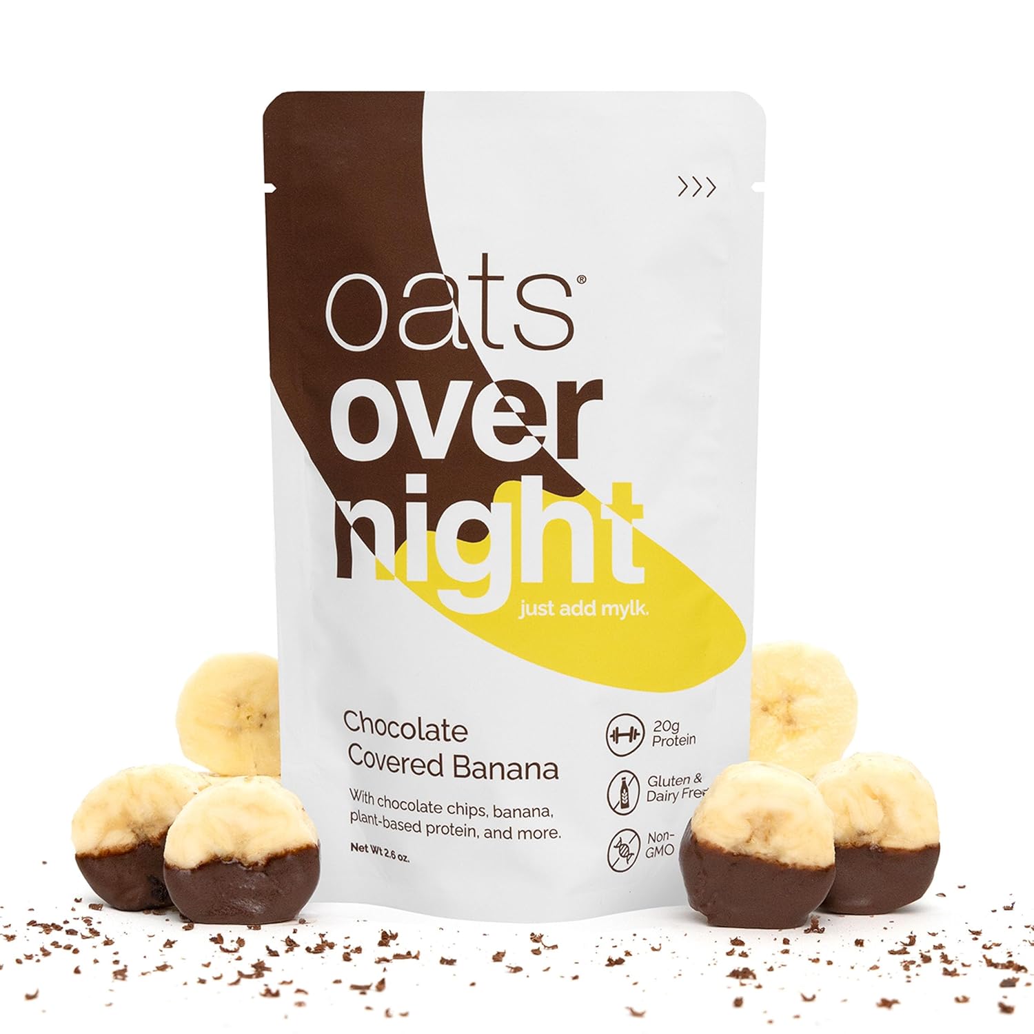 Oats Overnight Chocolate Covered Banana - Overnight Oats with 20g Whey Protein, High Fiber Breakfast Protein Shake - Gluten Free Oatmeal, Non GMO High Protein Oatmeal (2.9 oz per Meal) (8 Pack)