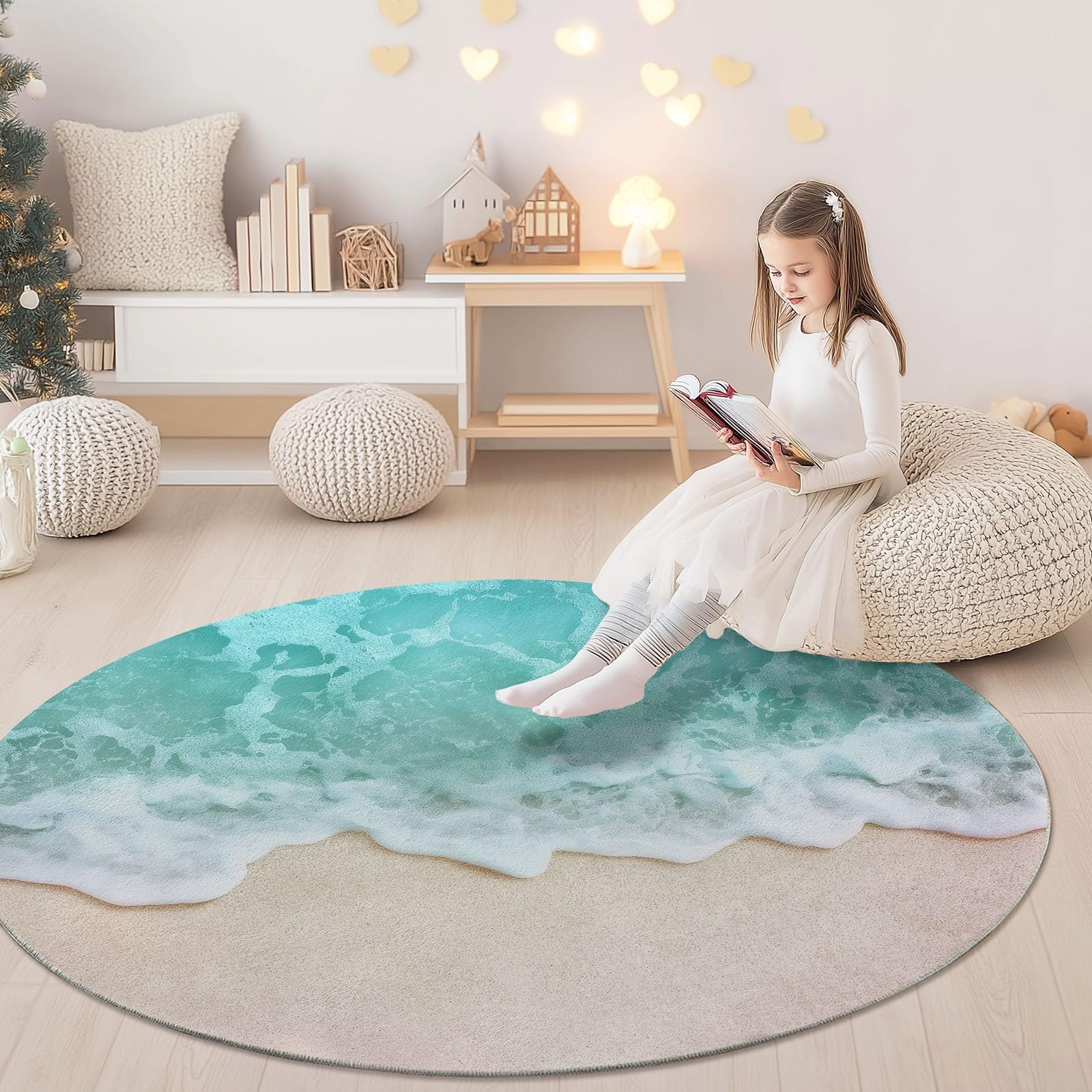 Weich Teppich Rund 120 cm Meer Wellen Strand, Waschbar rutschfest Wohnzimmerteppich Robuster Flauschiger Rund Teppiche Blau Bedruckt Teppich Für Küchen Esszimmer Schlafzimmer