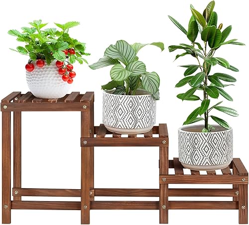 Jotboom Soporte para plantas de 3 niveles de madera para plantas de interior, estante de múltiples flores, estantes de flores altos y bajos, soporte