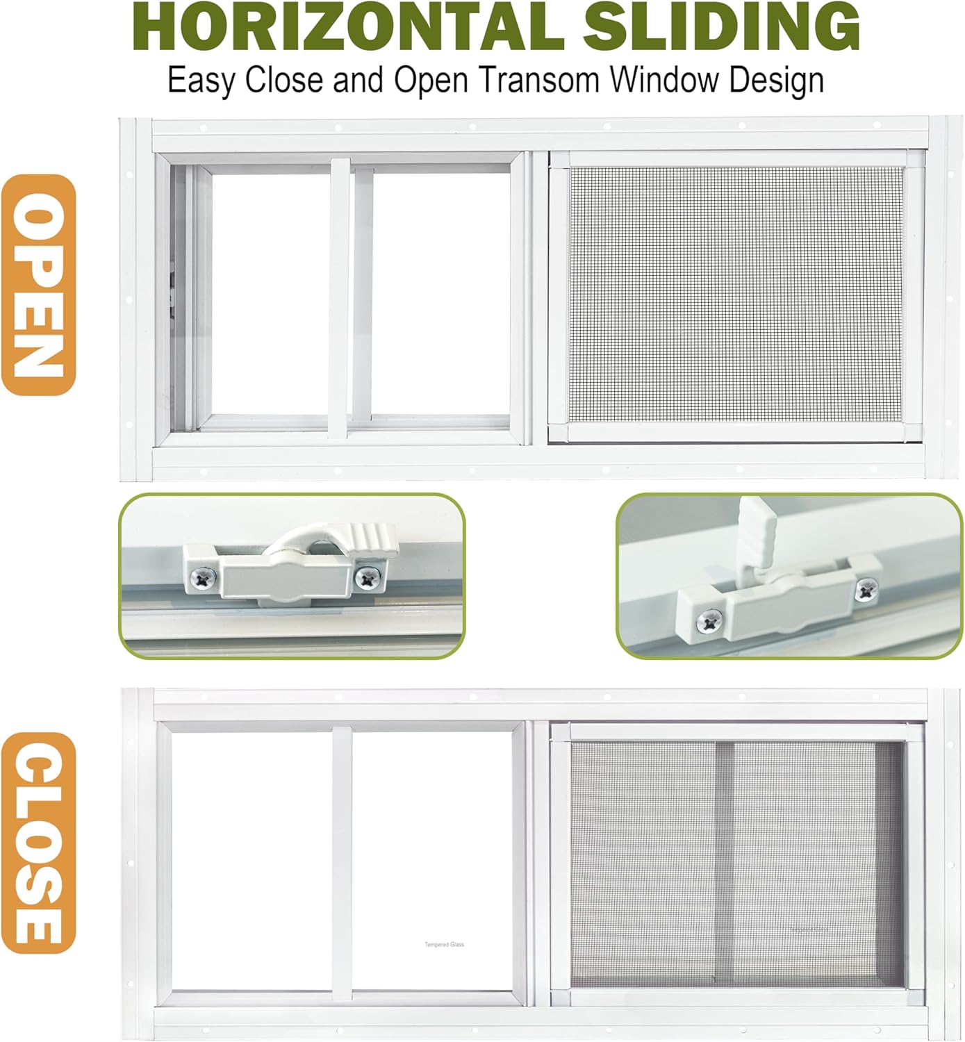 2 Pack Shed Windows, 10"x 18" White Sliding Window Suitable for Chicken Coop, shed, Household, Barn - Transom Window with Tempered Glass and Fiberglass Screen(WH,10''x 18'')