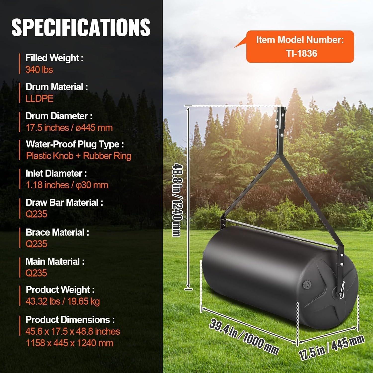 400lbs Tow Behind Lawn Roller – Durable LLDPE Drum & Sturdy Steel Frame, Sand/Water-Filled Yard Roller with Easy-Turn Plug for Tractor or ATV – Ideal for Lawn, Garden, Farm & Park Use – Black