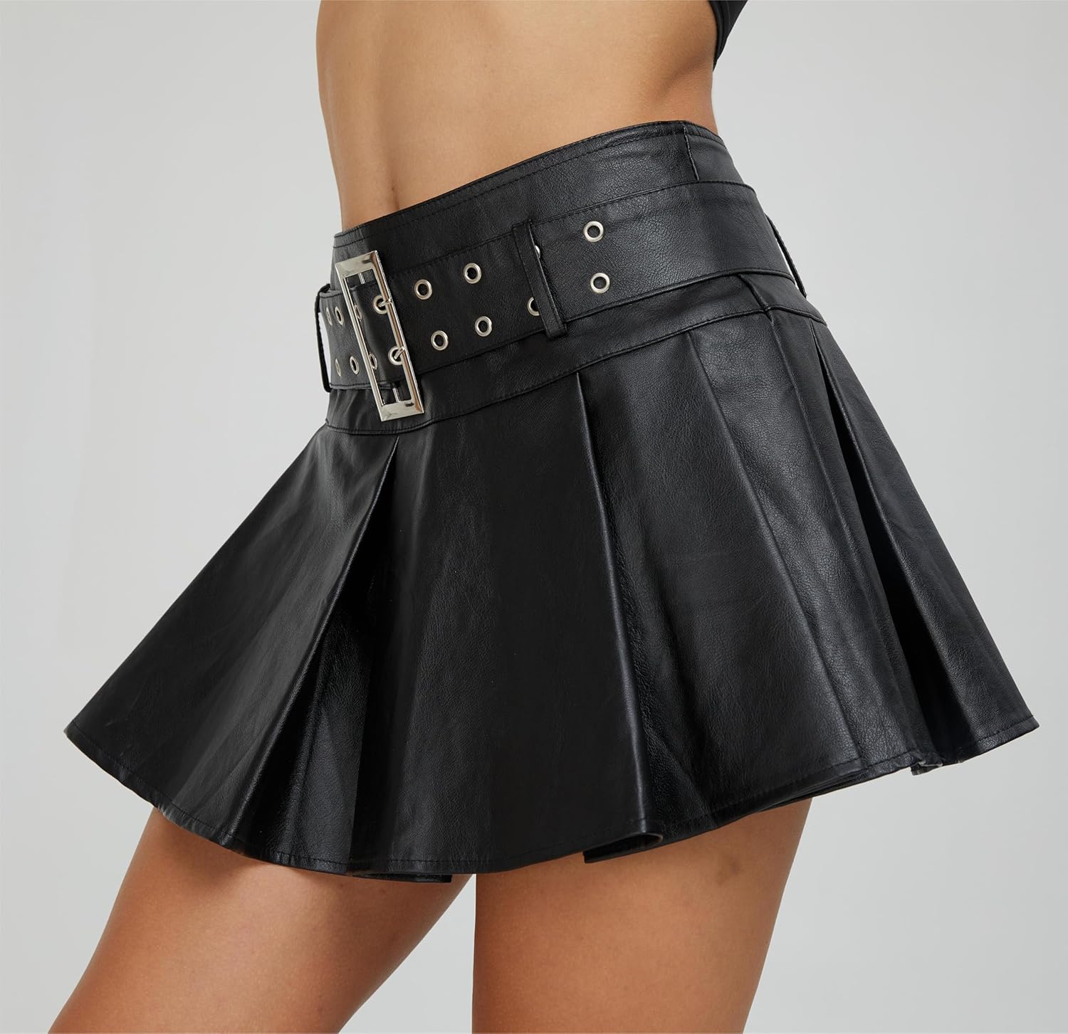 Kisidoo Y2K Mini Skirt Buckle Belted High Waisted Pleated Flare PU Faux Leather Short Goth Skirts for Women - Image 3