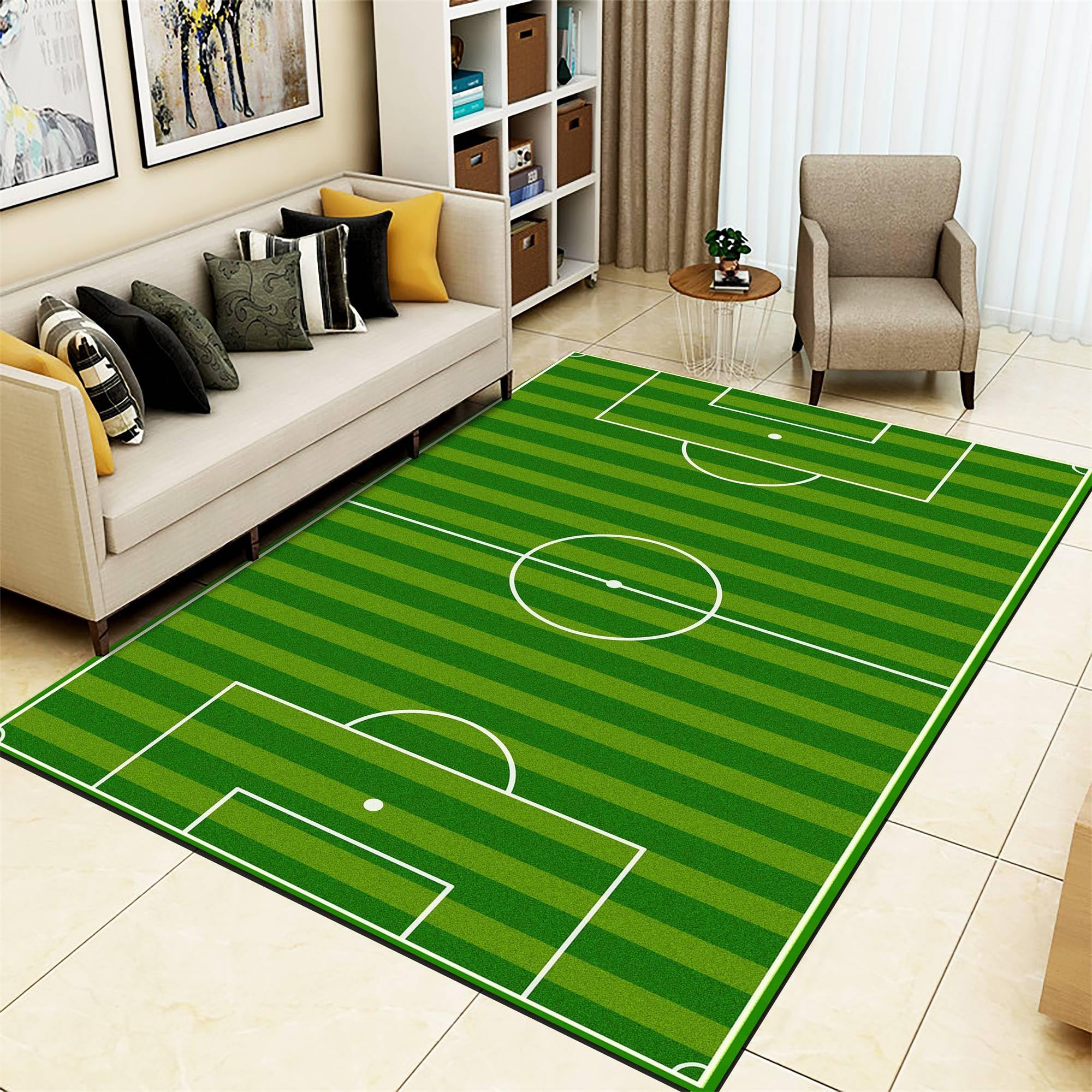 Soccer Field Area Rugss, 6x8ft, Green Grass Football Kids Rugs, Non-Shedding Low-Pile Kindergarten Play Mats, Washable Non-Slip Carpets for Bedroom