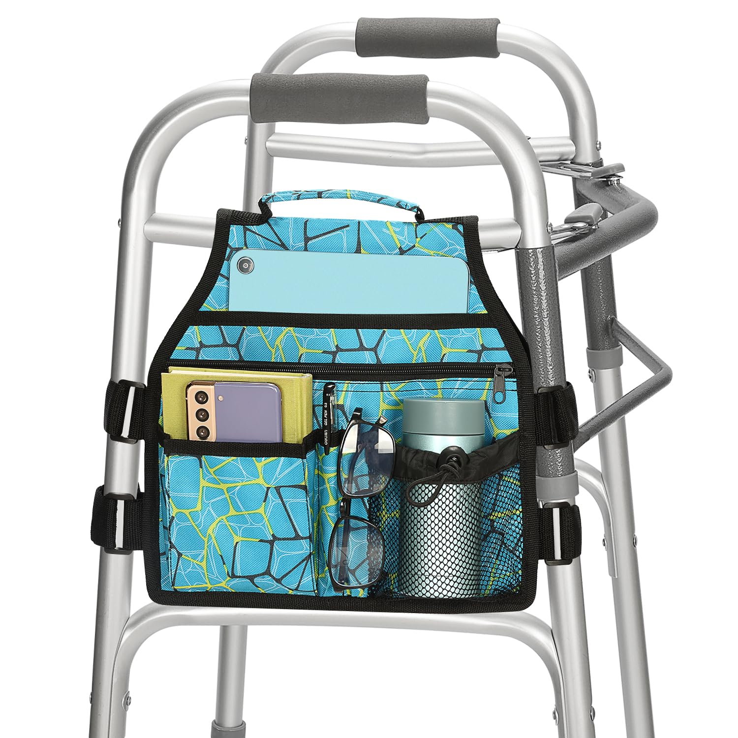YF Side Walker Bag, Double Sided Folding Walker Side Bags Storage Organizer Pouch with 8 Pockets, Waterproof Easy Access Elderly Walker Side Accessories with Handle and Mesh Cup Holder, Blue