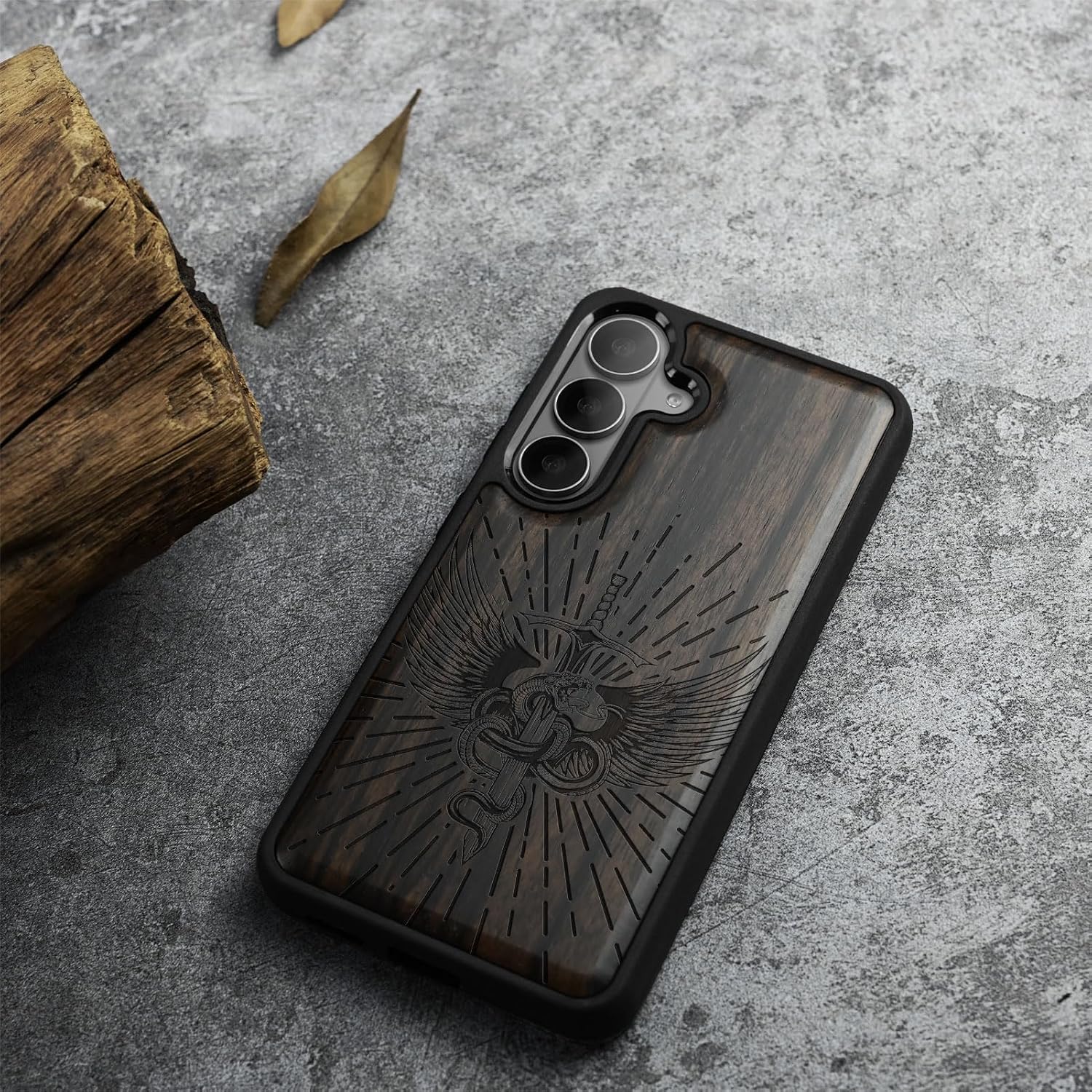 Carveit Magnetic Wooden Case for Galaxy S26+ Samsung S26 Plus Case, TPU Shockproof Cover & Wood Engraved, Compatible with MagSafe Wireless Chargers (Serpent Winged Sword) Blackwood
