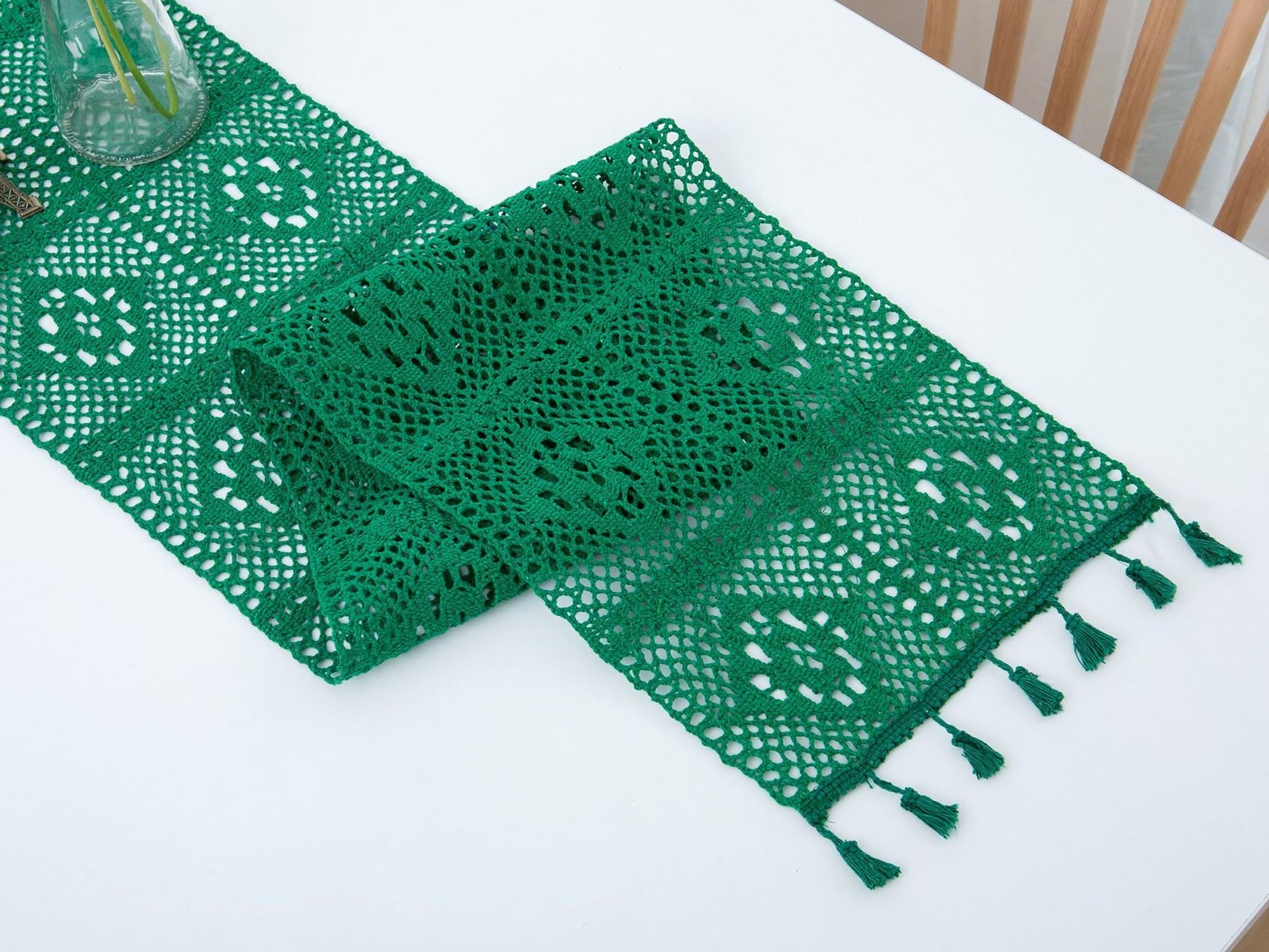 Grün Tischläufer Polyester Baumwolle, Deko Tischläufer Abwaschbar Einfarbig Hohl Geometrisch Kariert Muster mit Quasten Tischdecke für Küche Esszimmer Dekor, 24x300 cm, Grün