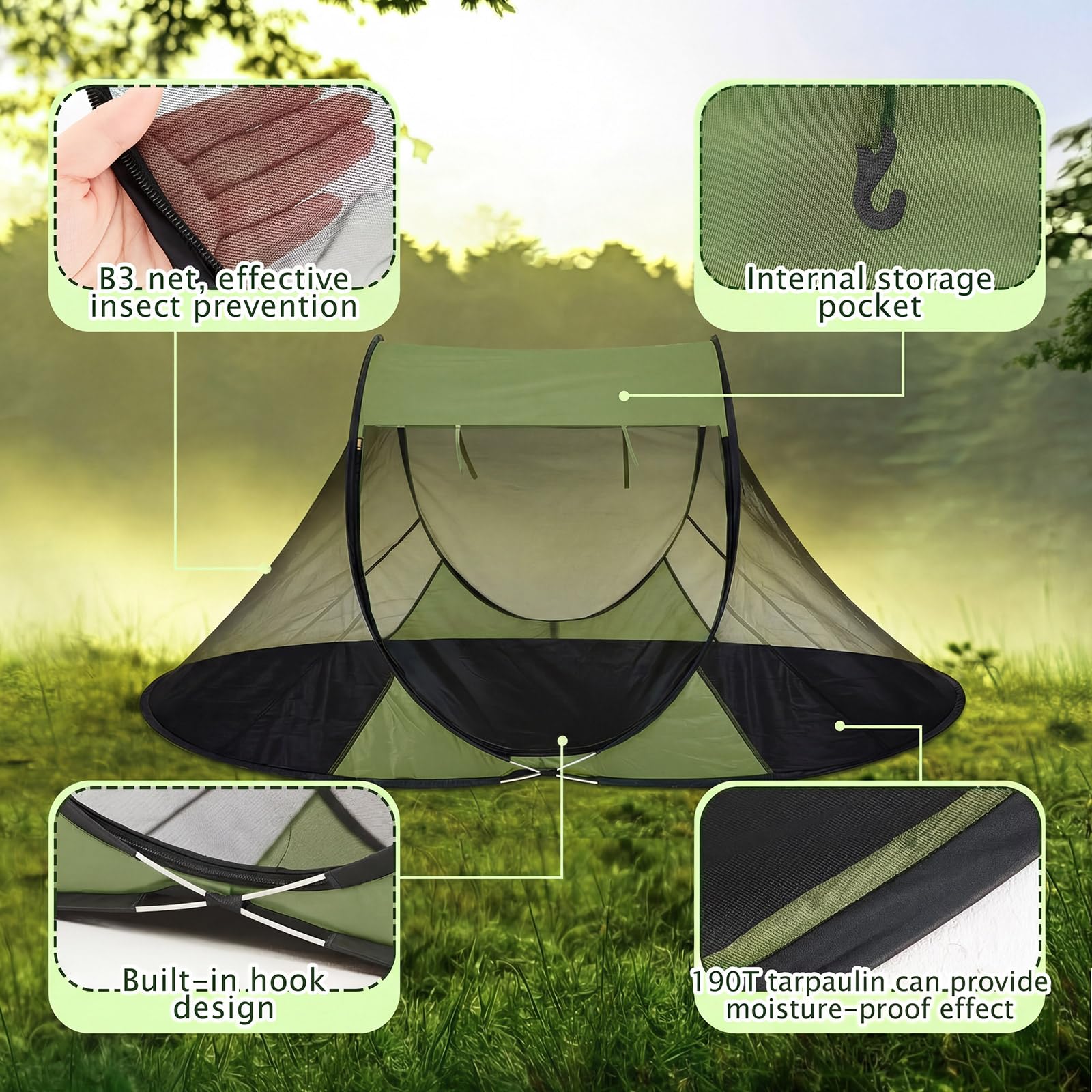 Wowangce Pop up Mosquito Tent for Camping, 86.6 x 59 x 45.3 Inch Bug Net Tent with Instant Automatic Setup, Lightweight Portable Screen Net Fits Most Camping Cot for Outdoor Hiking