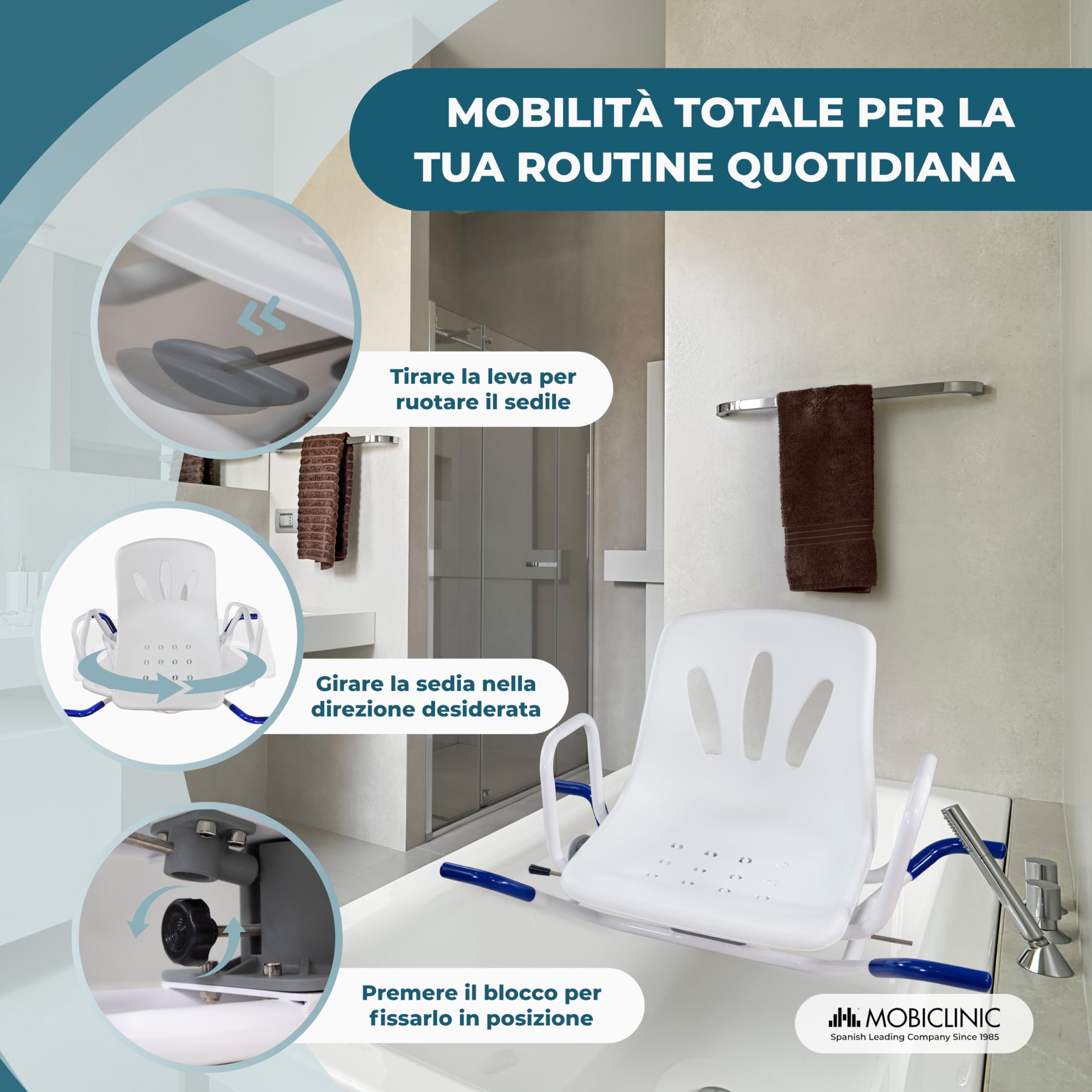 Mobiclinic, Sedia girevole 360º per Vasca da Bagno Anziani, Braccioli, Schienale, Sedile, Rotazione di 360º, Anatomica, Marca europea, Resistente all'acqua, Disabili, Lago