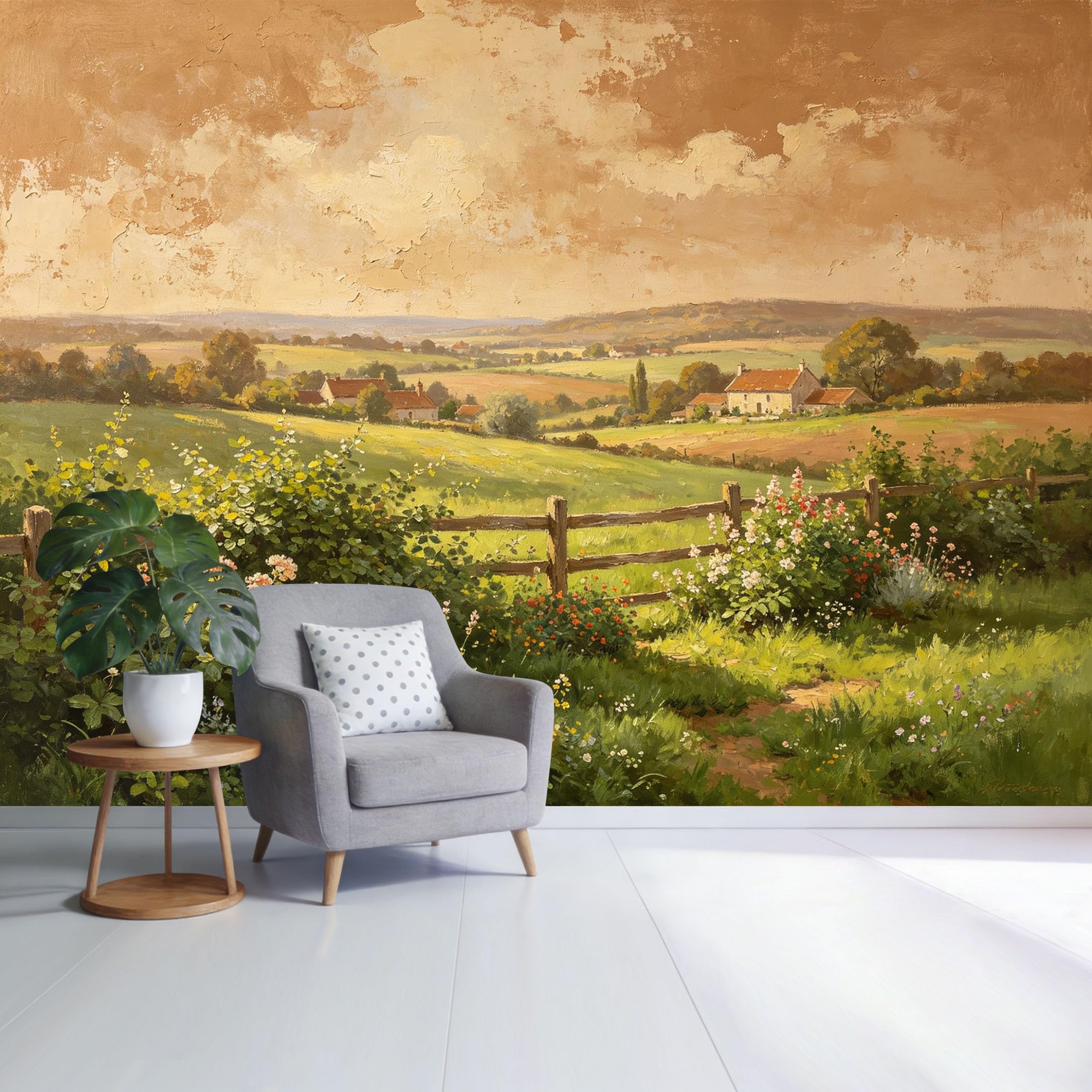 Custom Size Wall Mural Countryside Landscape Farmhouse Garden View Oil Painting Style SelfAdhesive Wall Fabric Removable Wallpaper for Home Office Decor